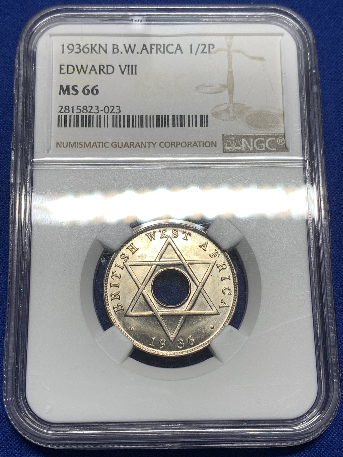 《竞宝斋》第215场-周日，周一 2场 (全场包邮) NGC-MS66 亚军分 爱德华八世 英属西非1936年半便士，正式发行带爱八徽号的品种不多见。66顶级状态，收藏级完美品质。