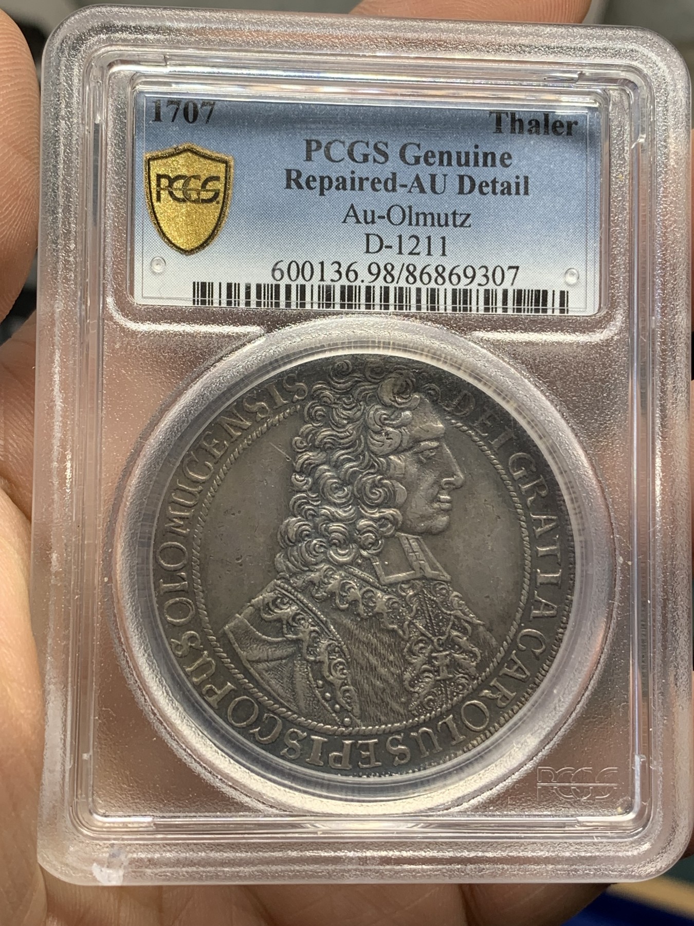 《竞宝斋》第215场-周日，周一 2场 (全场包邮) PCGS AUD 哈布斯堡1707年约瑟夫一世泰勒，德国州币奥尔姆兹教皇区，1泰勒大银币。很少见银币。喜欢哈布斯堡历史的朋友必选！细节见图