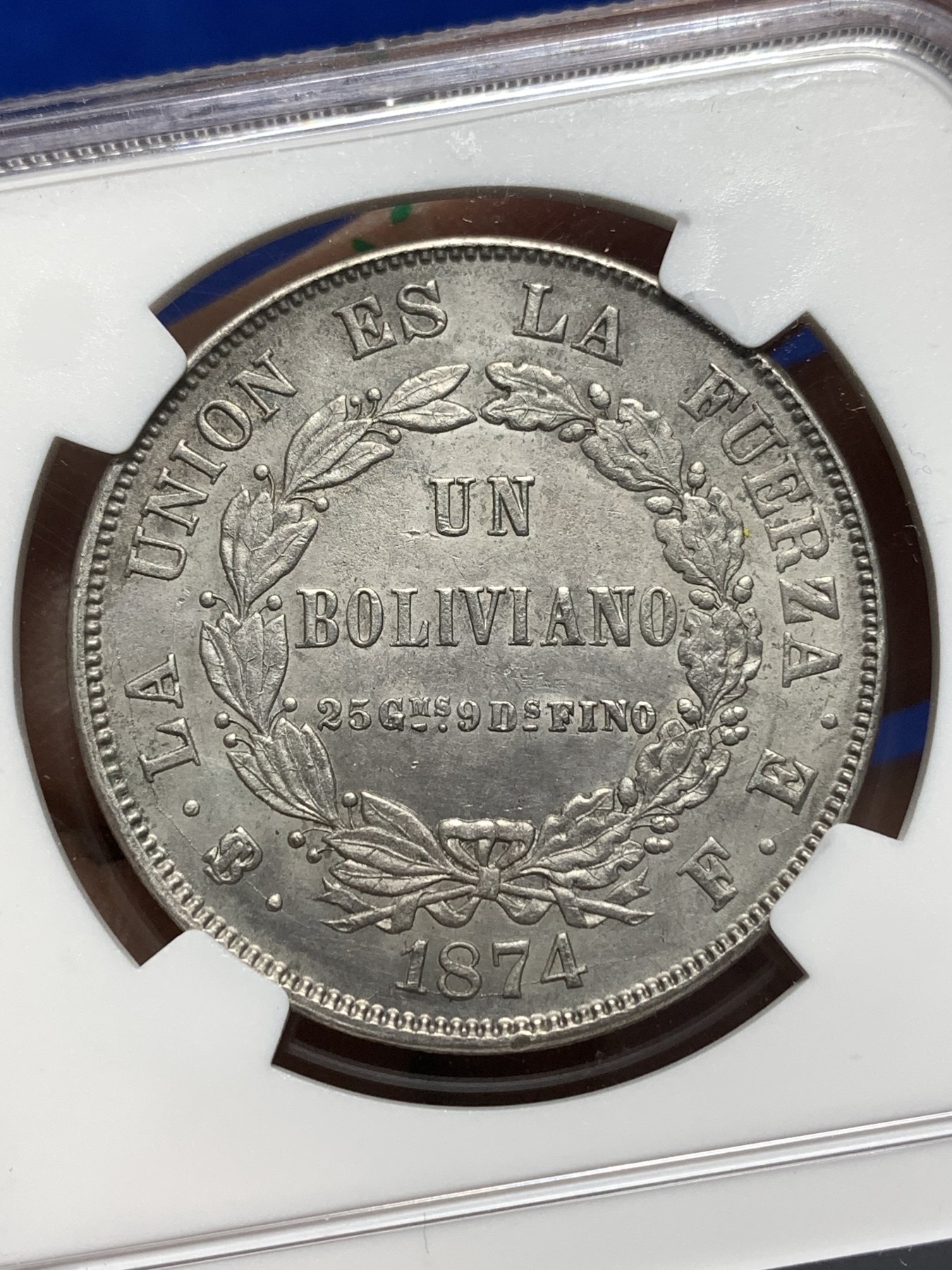 《竞宝斋》第215场-周日，周一 2场 (全场包邮) NGC AUD 1874玻利维亚1波利维诺大银币 南美上涨品种 正反都非常好