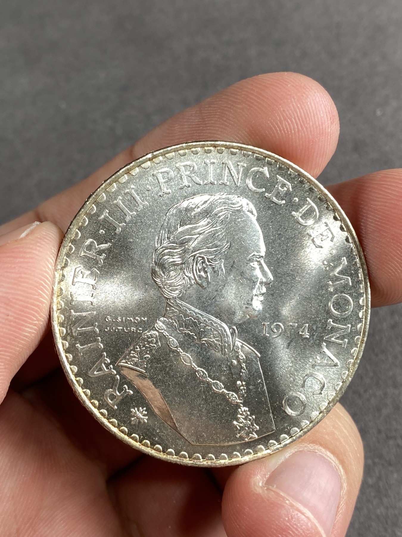 万国钱币拍卖第019期（万国周年答谢专场） 1974年摩纳哥雷尼尔三世登基25周年纪念大银币 30G BU品质