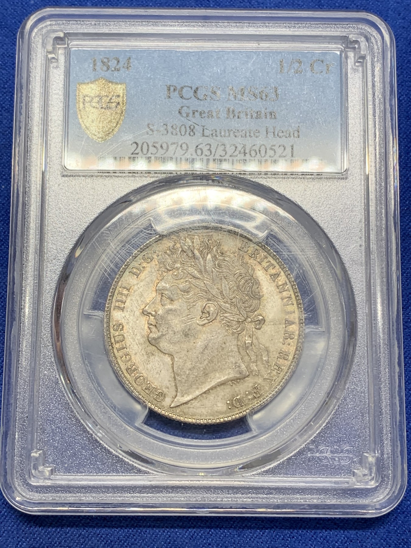 《竞宝斋》第215场-周日，周一 2场 (全场包邮) PCGS-MS63 1824英国乔治四世半克朗银币 金色极品包浆 稀有品种 P盒亚军分!