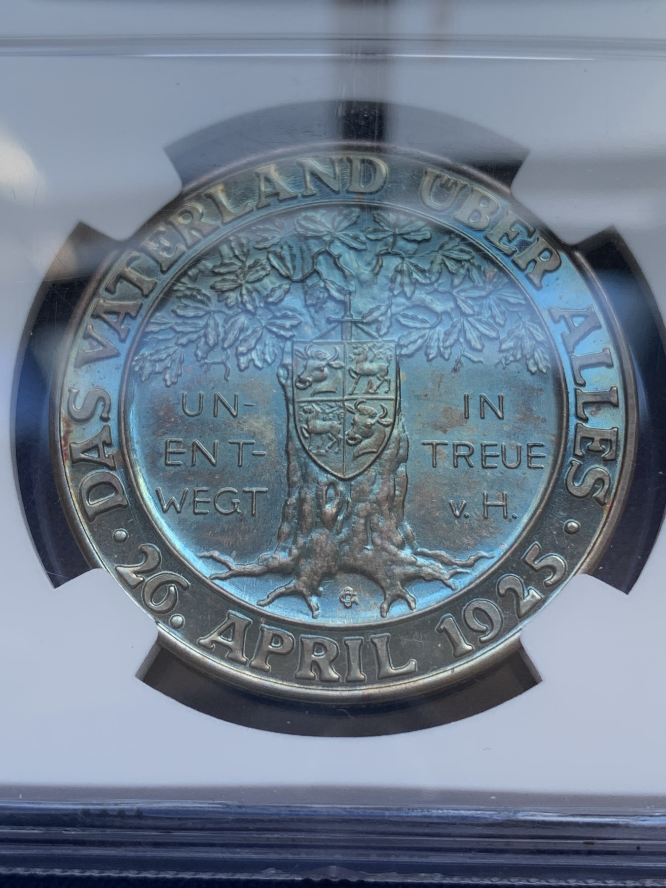 《竞宝斋》第215场-周日，周一 2场 (全场包邮) NGC MS66 1930年德国兴登堡橡树银章 五彩包浆 品相完美