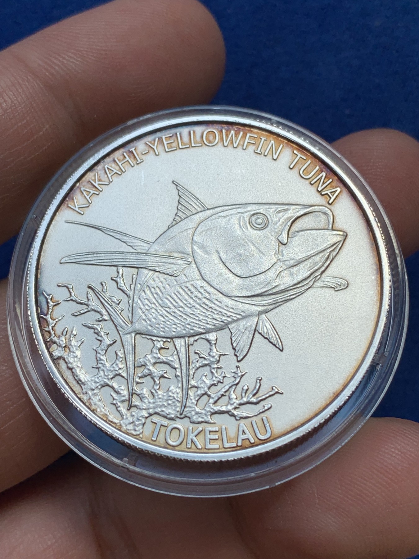 《竞宝斋》第215场-周日，周一 2场 (全场包邮) 新西兰 托克劳群岛 2014 黄鳍金枪鱼 5刀 大银币 999银 31.1克