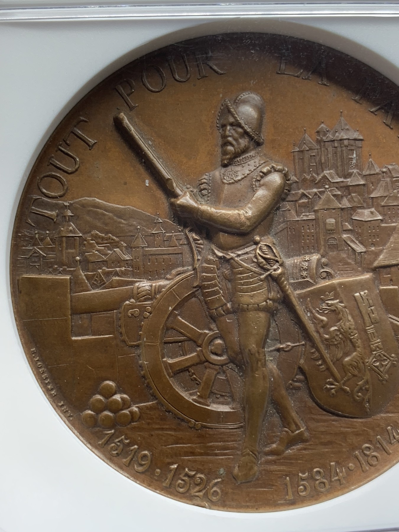 《竞宝斋》第215场-周日，周一 2场 (全场包邮) NGC MS64BN 1887年瑞士日内瓦射击节高浮雕铜章 原味巧克力包浆 品相状态非常好