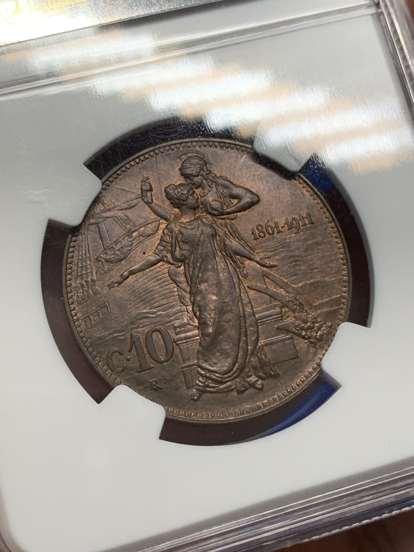 《竞宝斋》第215场-周日，周一 2场 (全场包邮) NGC MS65RB  1911年意大利王国建国50周年10C铜币，背面设计极具艺术感，收藏级亚军分！！！