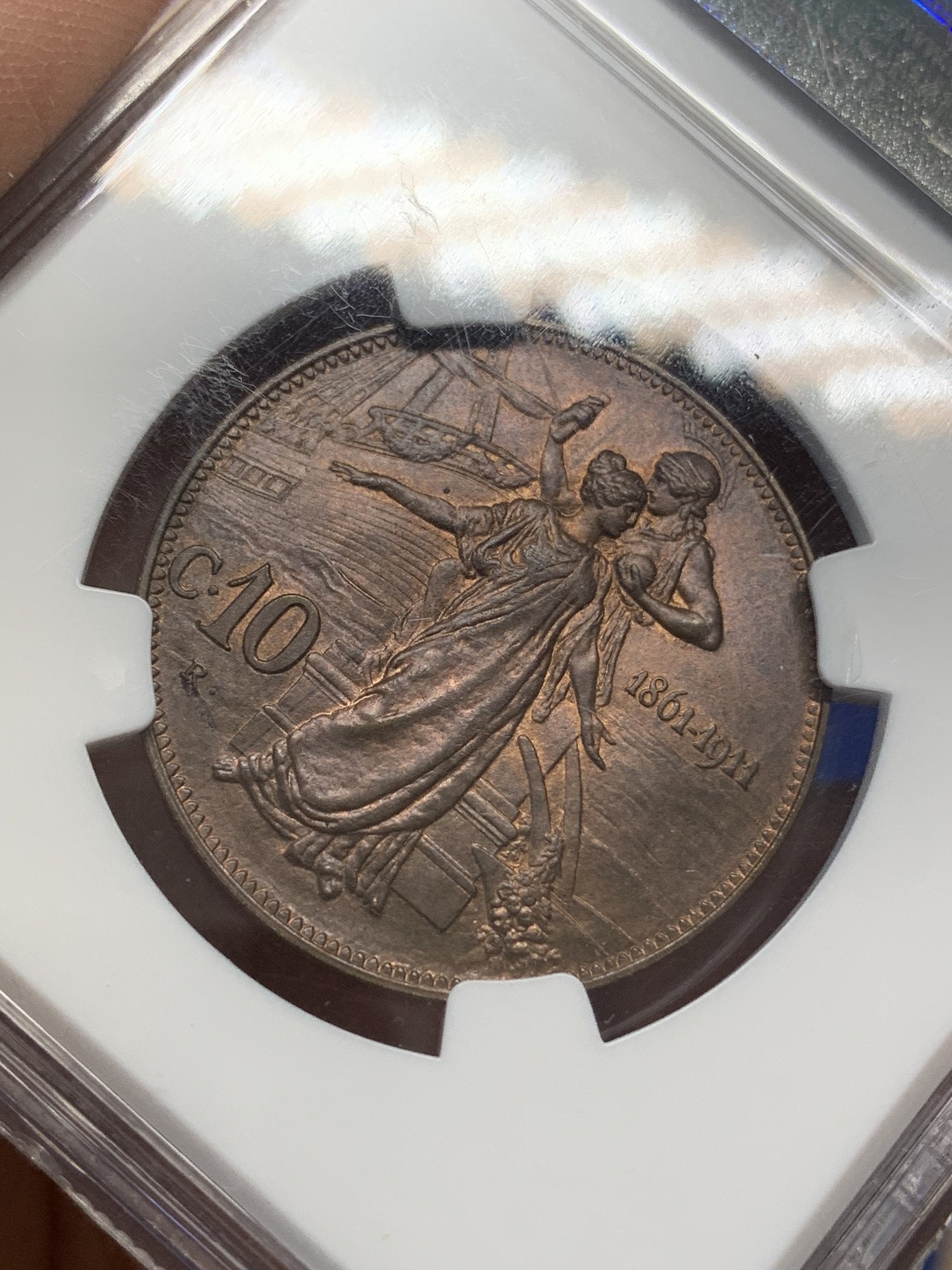 《竞宝斋》第215场-周日，周一 2场 (全场包邮) NGC MS65RB  1911年意大利王国建国50周年10C铜币，背面设计极具艺术感，收藏级亚军分！！！