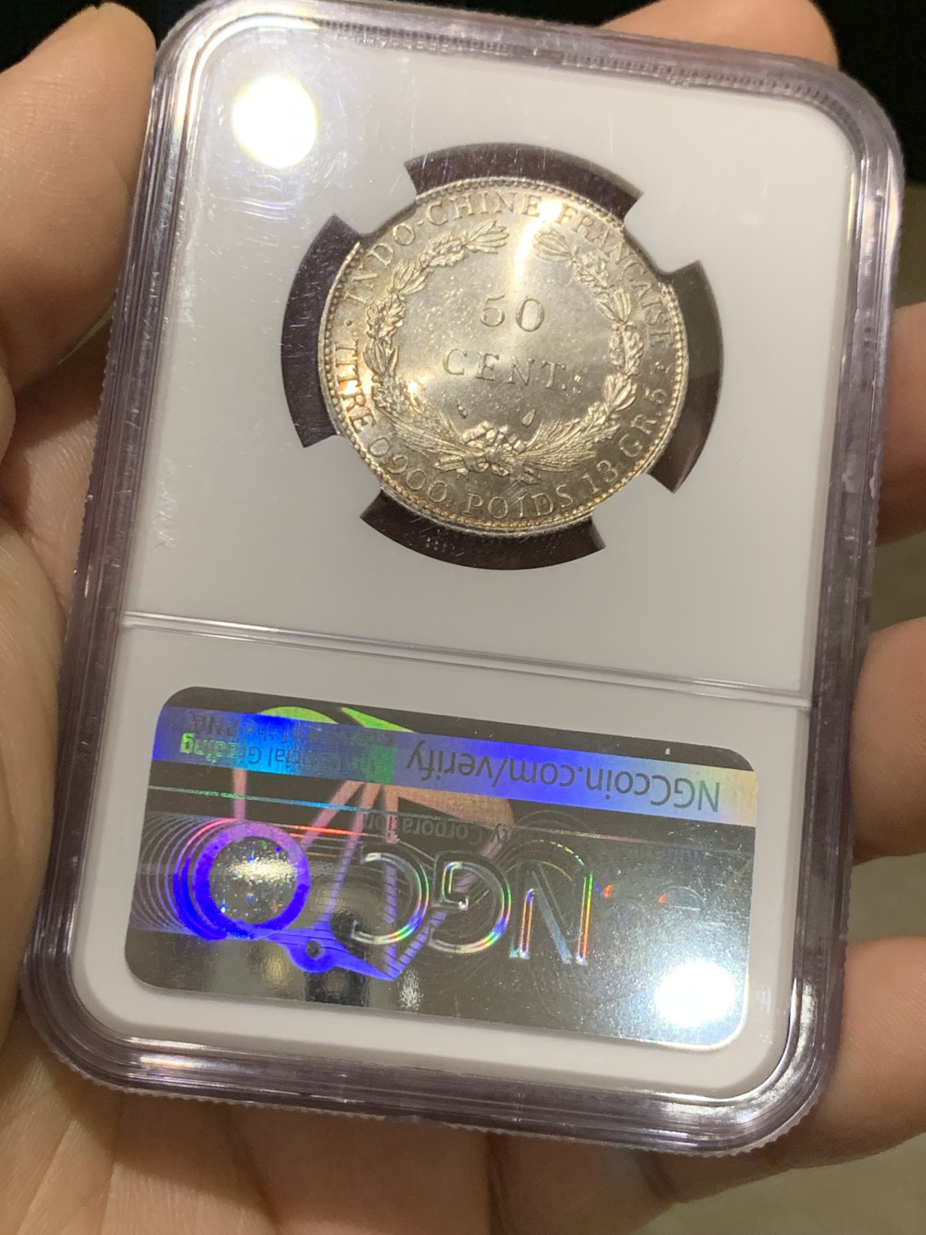 《竞宝斋》第215场-周日，周一 2场 (全场包邮) NGC MS64 法属印支 1936年 50分 淡彩包浆