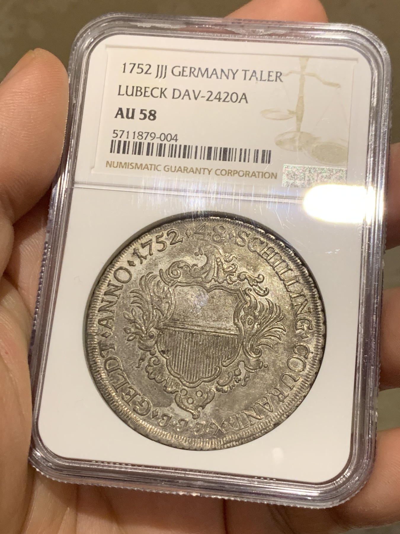 《竞宝斋》第215场-周日，周一 2场 (全场包邮) 唯一冠军分！NGC-AU58 德国 1752年吕贝克帝国自由市 48先令银币 底板带光 味道十足