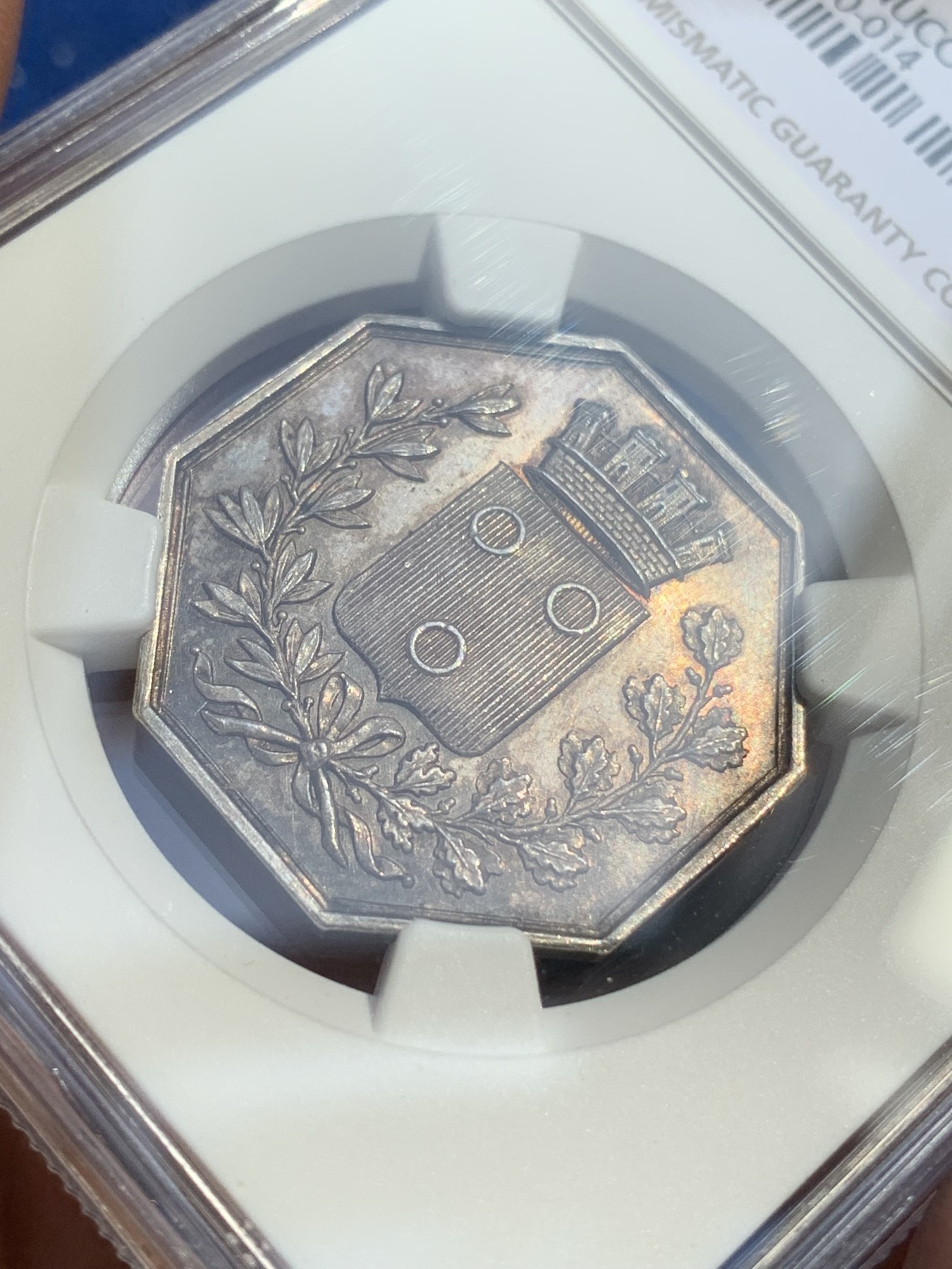 《竞宝斋》第215场-周日，周一 2场 (全场包邮) NGC MS62 法国八角银质代币 马康公证处 细节不错