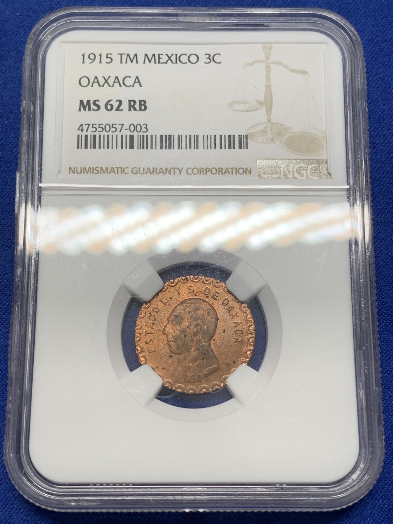 《竞宝斋》第215场-周日，周一 2场 (全场包邮) NGC-MS62RB 墨西哥1915年革命时期Oaxaca3分铜币，非常少见的面值，MS少见，RB原铜光靓丽，状态难得。