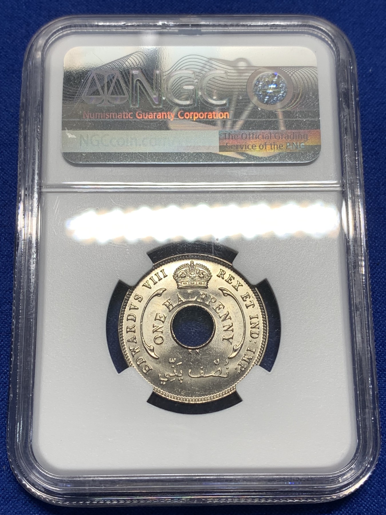 《竞宝斋》第215场-周日，周一 2场 (全场包邮) NGC-MS66 亚军分 爱德华八世 英属西非1936年半便士，正式发行带爱八徽号的品种不多见。66顶级状态，收藏级完美品质。