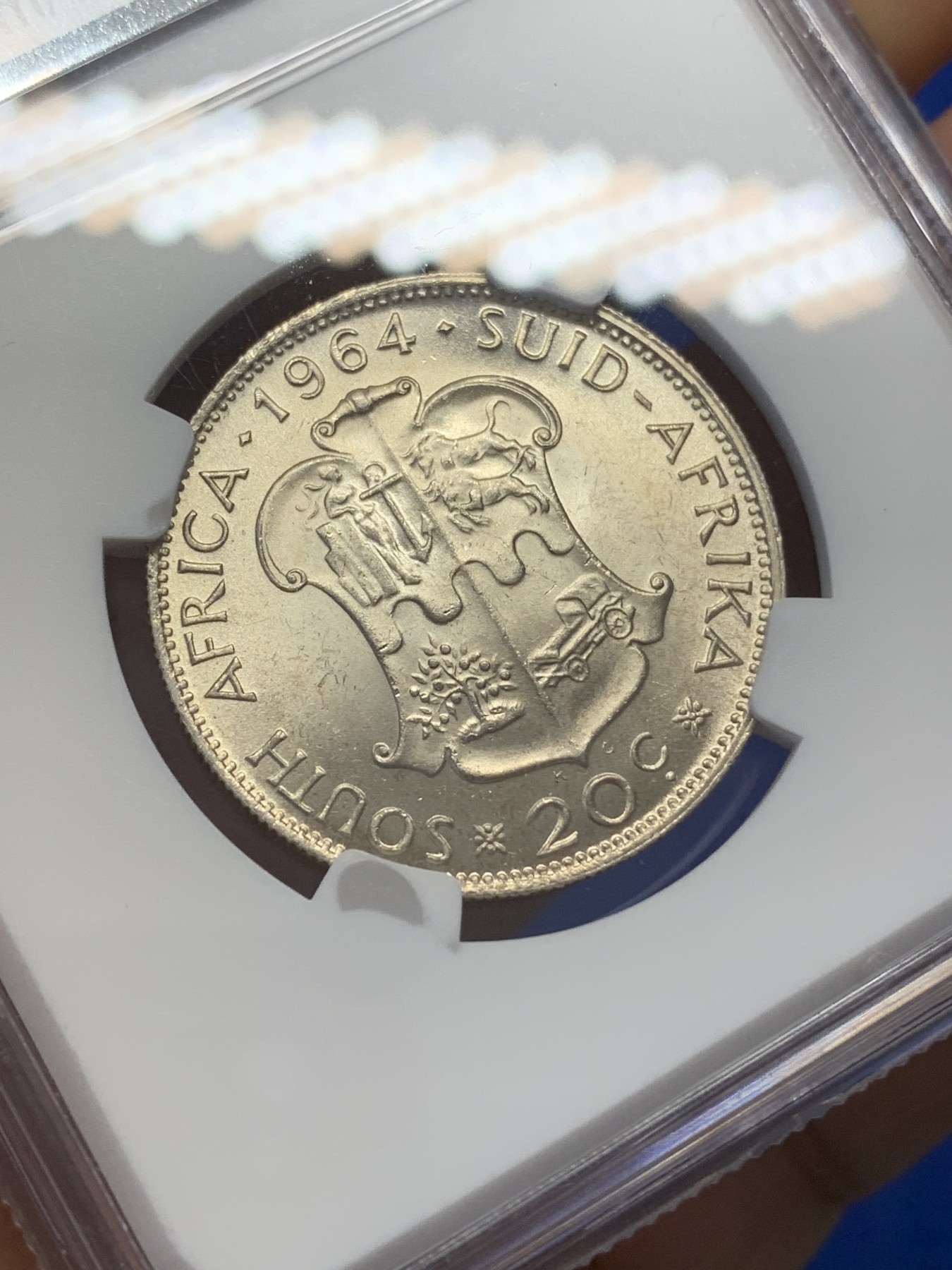 《竞宝斋》第215场-周日，周一 2场 (全场包邮) NGC MS63 南非1964年20分银币