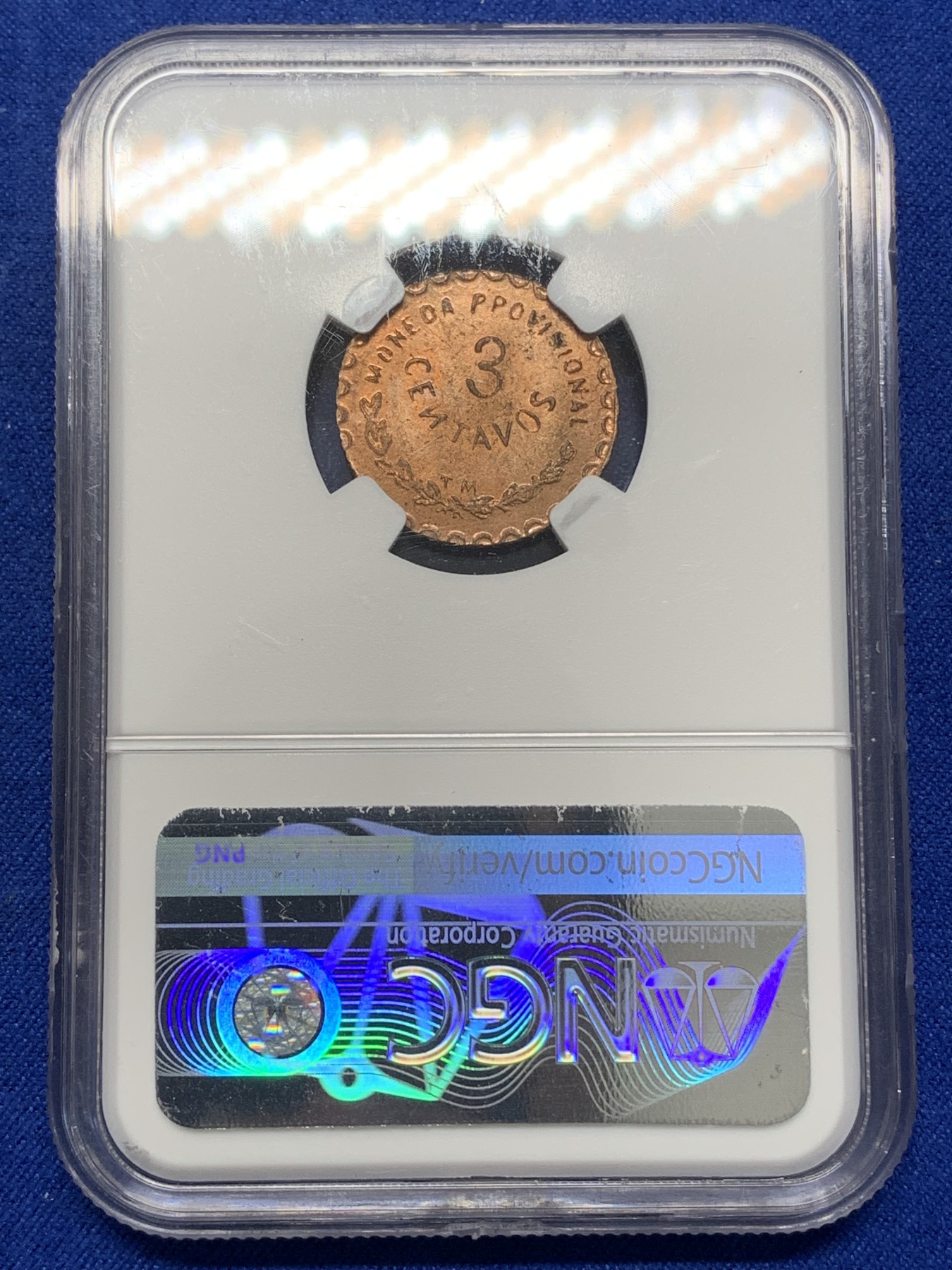《竞宝斋》第215场-周日，周一 2场 (全场包邮) NGC-MS62RB 墨西哥1915年革命时期Oaxaca3分铜币，非常少见的面值，MS少见，RB原铜光靓丽，状态难得。