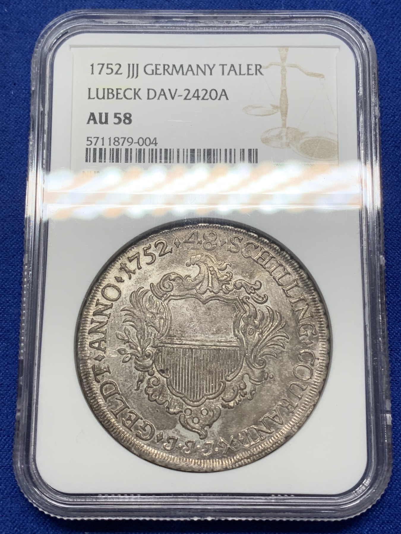 《竞宝斋》第215场-周日，周一 2场 (全场包邮) 唯一冠军分！NGC-AU58 德国 1752年吕贝克帝国自由市 48先令银币 底板带光 味道十足