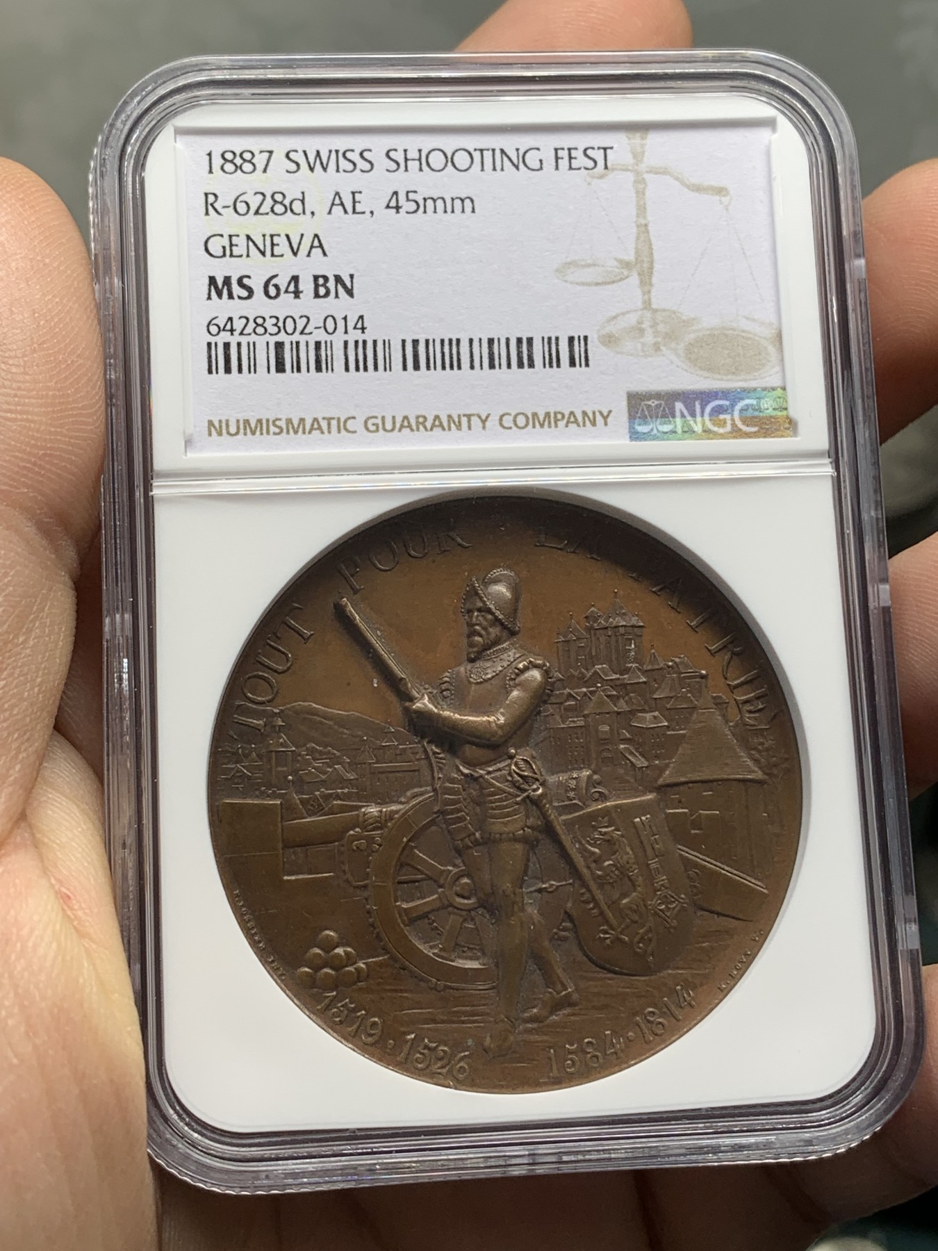 《竞宝斋》第215场-周日，周一 2场 (全场包邮) NGC MS64BN 1887年瑞士日内瓦射击节高浮雕铜章 原味巧克力包浆 品相状态非常好