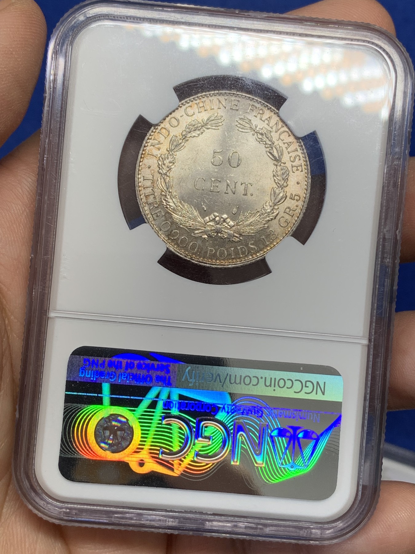 《竞宝斋》第215场-周日，周一 2场 (全场包邮) NGC MS64 法属印支 1936年 50分 淡彩包浆