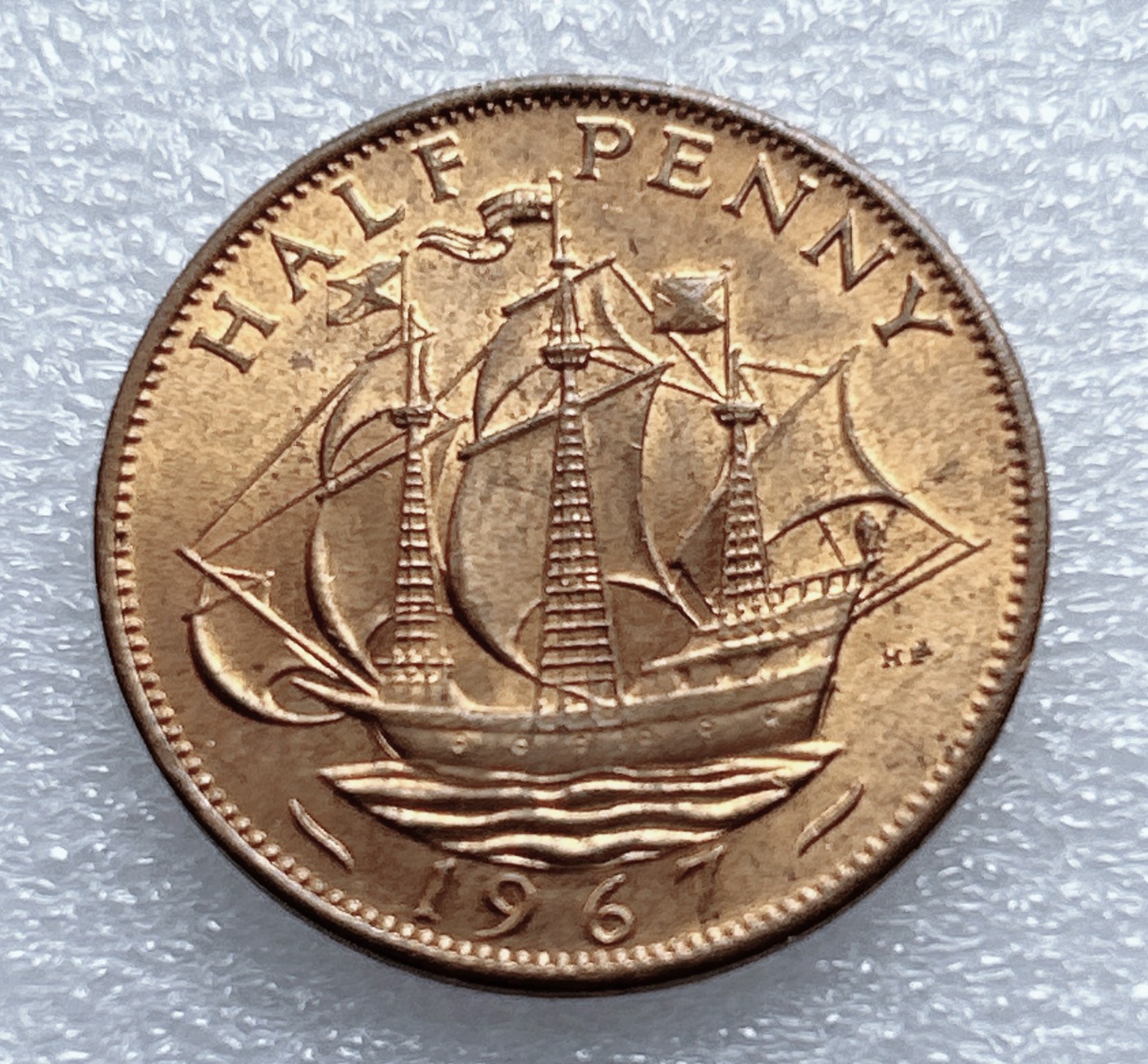 全场一元起拍 世界钱币散币专场 第37期 英国1967年半便士 一帆风顺 伊丽莎白二世女王铜币 原光品