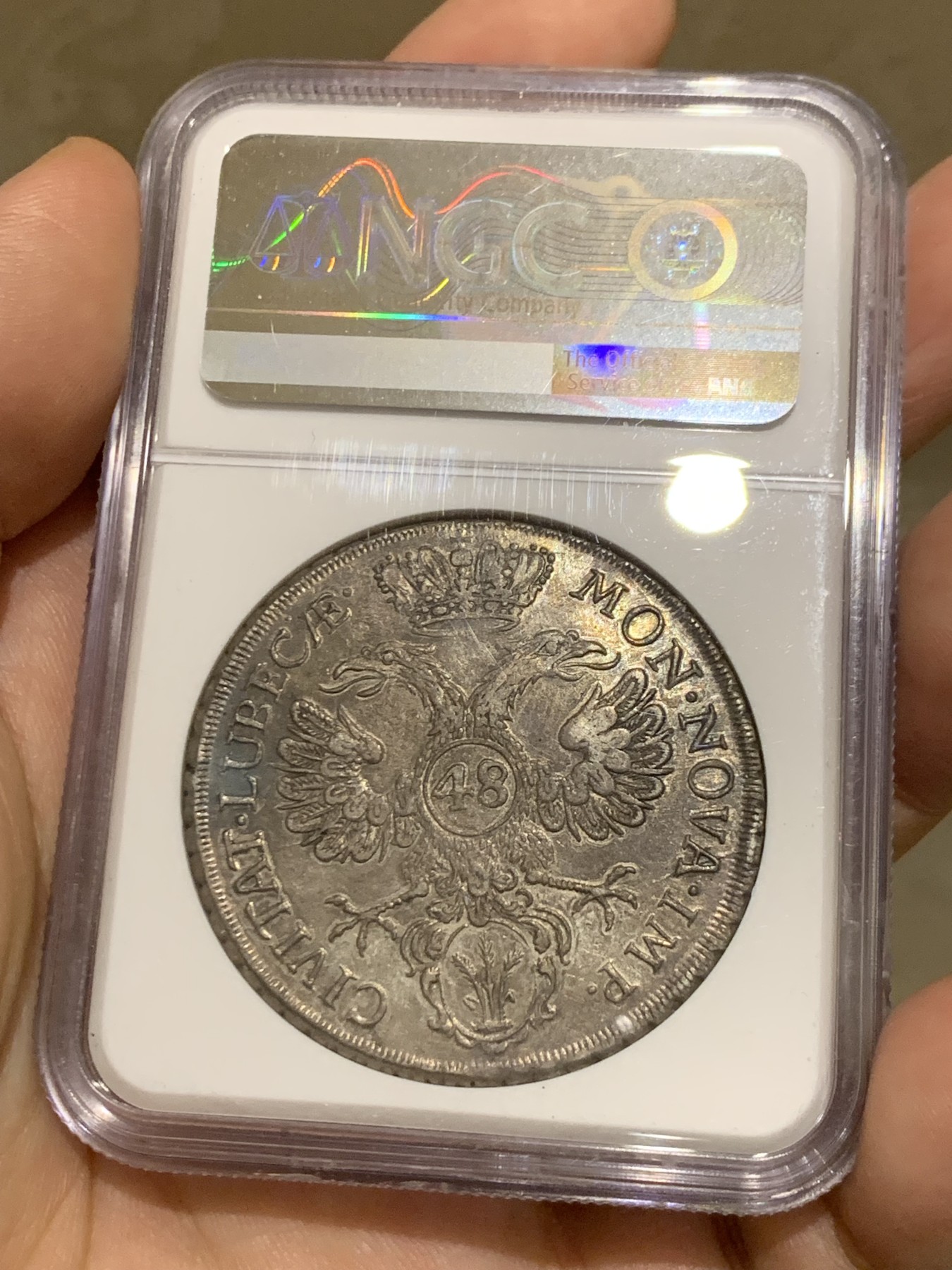 《竞宝斋》第215场-周日，周一 2场 (全场包邮) 唯一冠军分！NGC-AU58 德国 1752年吕贝克帝国自由市 48先令银币 底板带光 味道十足