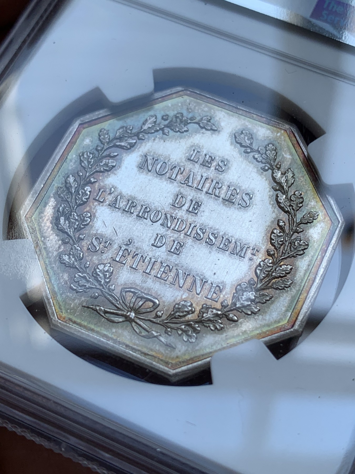 《竞宝斋》第215场-周日，周一 2场 (全场包邮) NGC MS63 法国1846艾蒂安公证处八角银质代币 五彩 高分