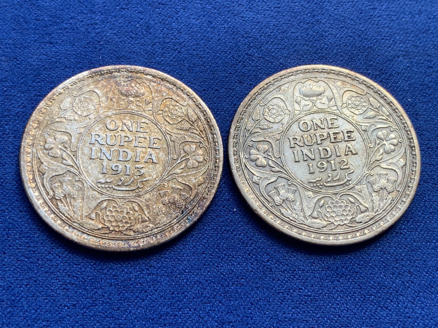 《竞宝斋》第215场-周日，周一 2场 (全场包邮) 两枚一组 英属印度乔治五世卢比银币 1912年+1913年，917高银，凑套必备。