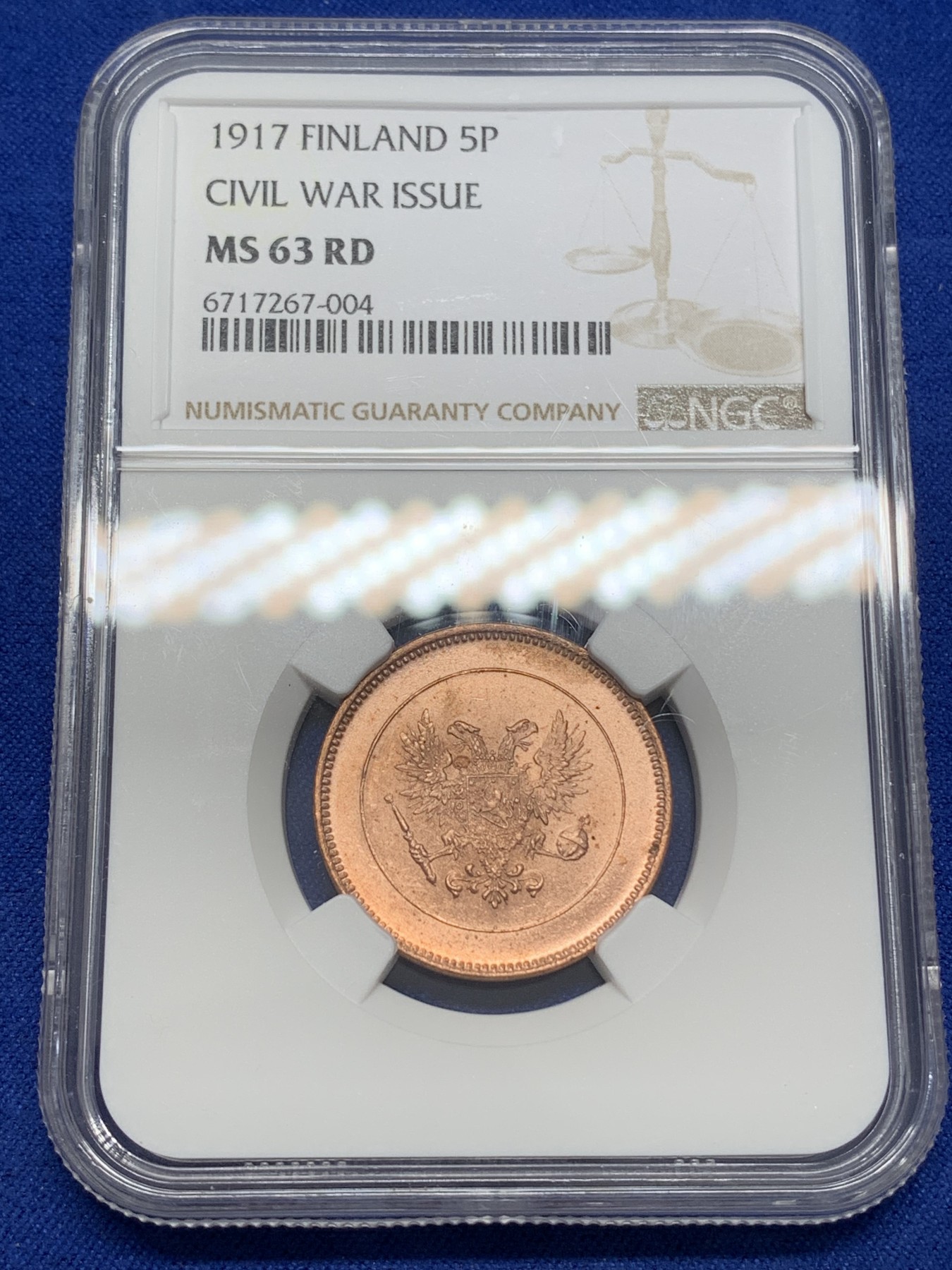 《竞宝斋》第215场-周日，周一 2场 (全场包邮) NGC MS63RD 俄占芬兰1917年克伦斯基临时政府5盆尼铜币，一百多年的老铜币，RD相当难得