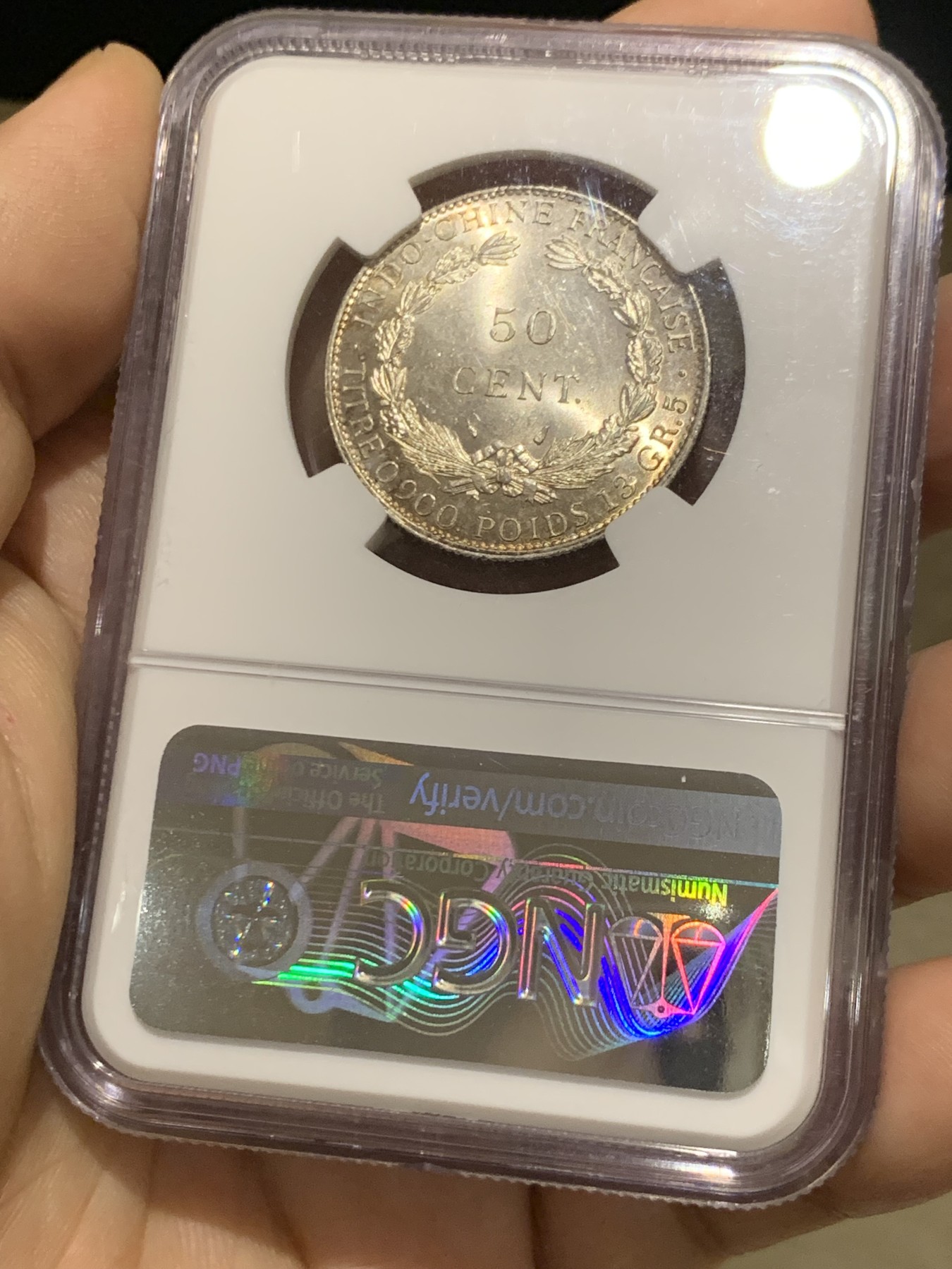 《竞宝斋》第215场-周日，周一 2场 (全场包邮) NGC MS64 法属印支 1936年 50分 淡彩包浆