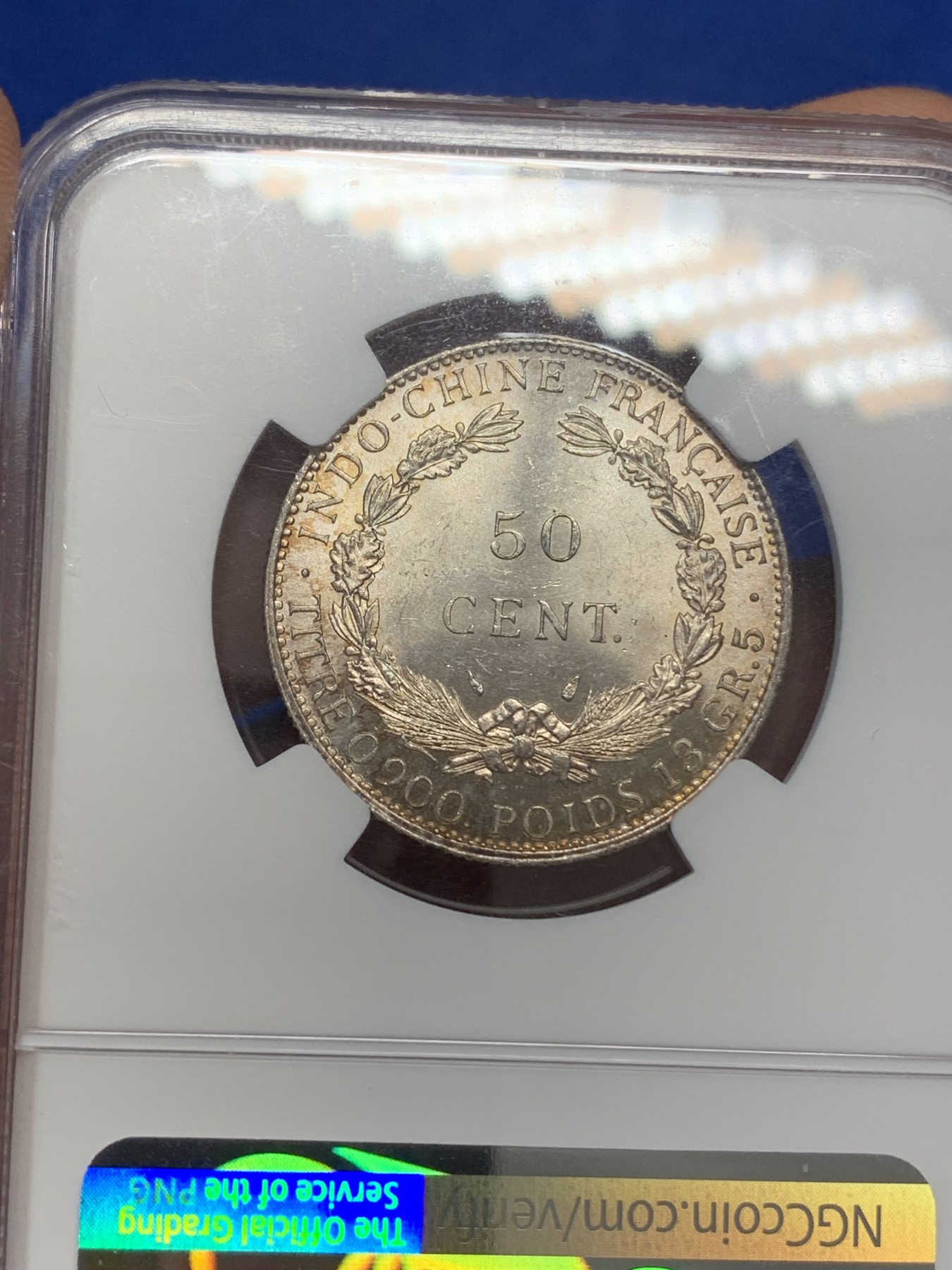 《竞宝斋》第215场-周日，周一 2场 (全场包邮) NGC MS64 法属印支 1936年 50分 淡彩包浆