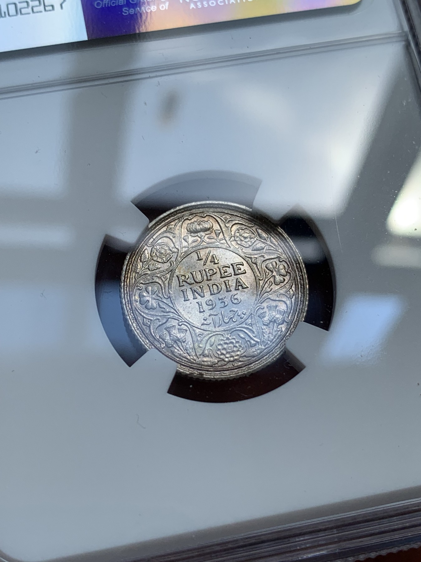 《竞宝斋》第215场-周日，周一 2场 (全场包邮) NGC-MS63 印度 1936年 1/4卢比 底板丝滑，状态很好