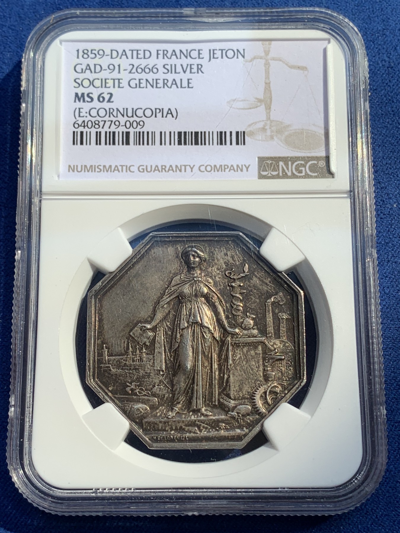 《竞宝斋》第215场-周日，周一 2场 (全场包邮) NGC-MS62 法国1859年 站人 八角银制JETON 顶级品相 五彩包浆