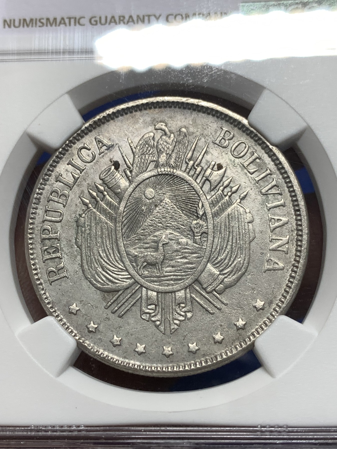 《竞宝斋》第215场-周日，周一 2场 (全场包邮) NGC AUD 1874玻利维亚1波利维诺大银币 南美上涨品种 正反都非常好