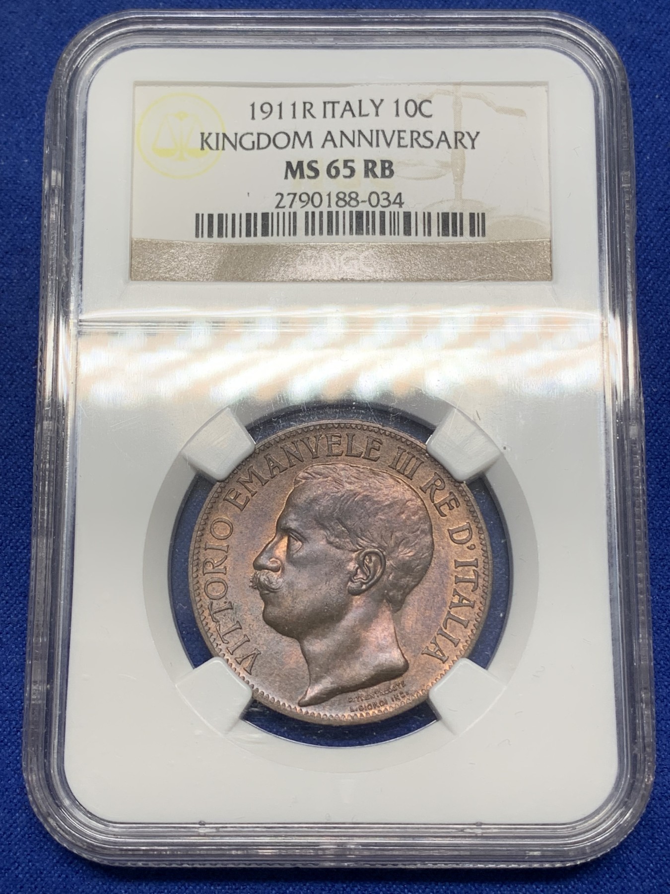 《竞宝斋》第215场-周日，周一 2场 (全场包邮) NGC MS65RB  1911年意大利王国建国50周年10C铜币，背面设计极具艺术感，收藏级亚军分！！！