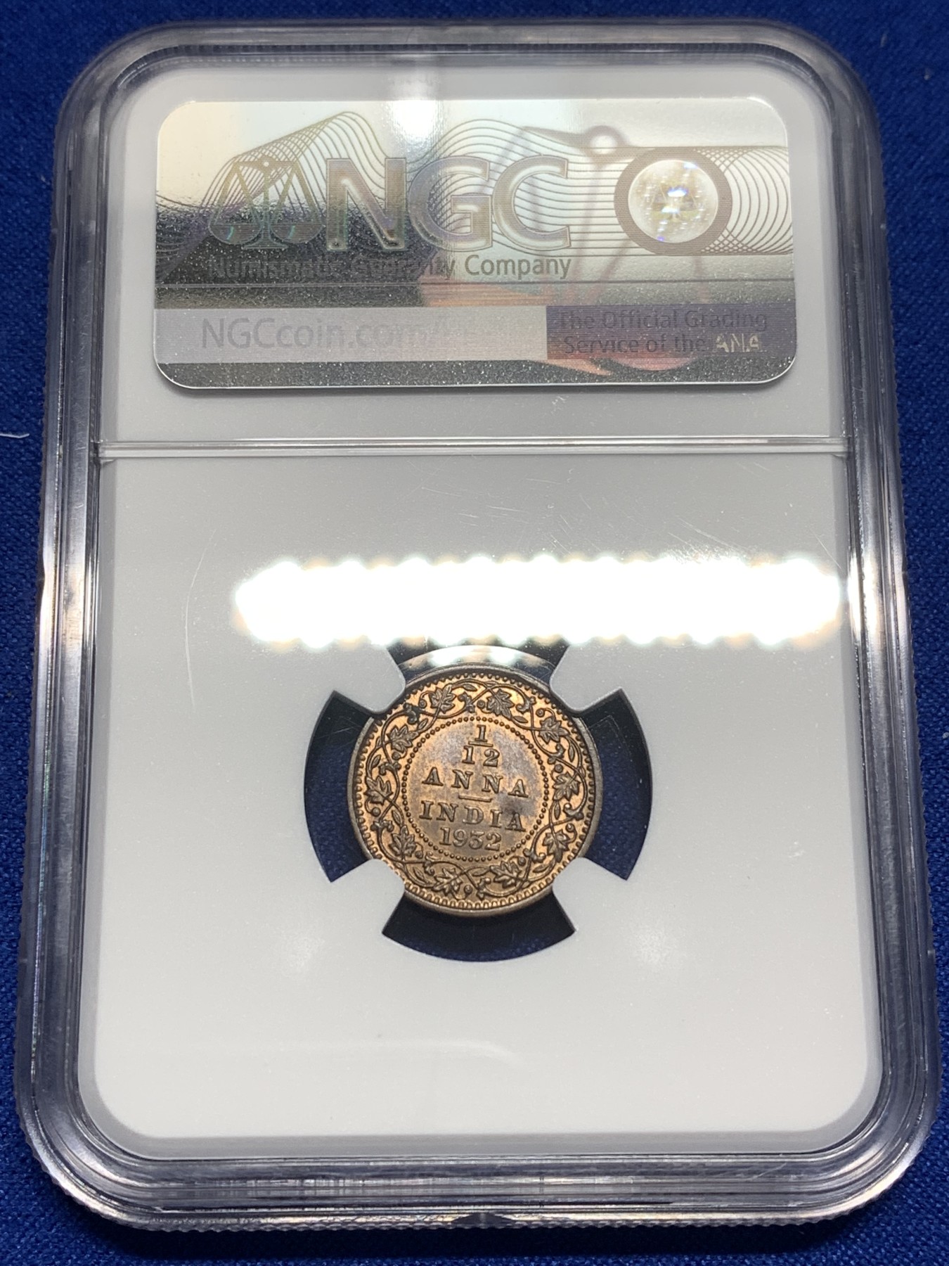 《竞宝斋》第215场-周日，周一 2场 (全场包邮) NGC MS64RB 1932年英属印度1/12安娜铜币