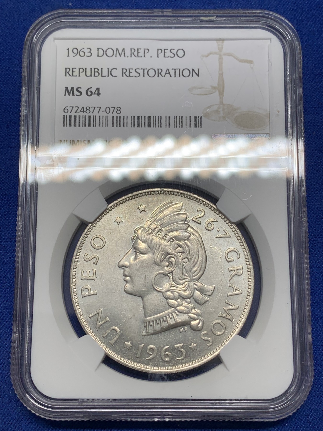 《竞宝斋》第215场-周日，周一 2场 (全场包邮) NGC MS64 多米尼加1963年建国百年纪念比索南美洲印第安人多米尼加最有名的图案