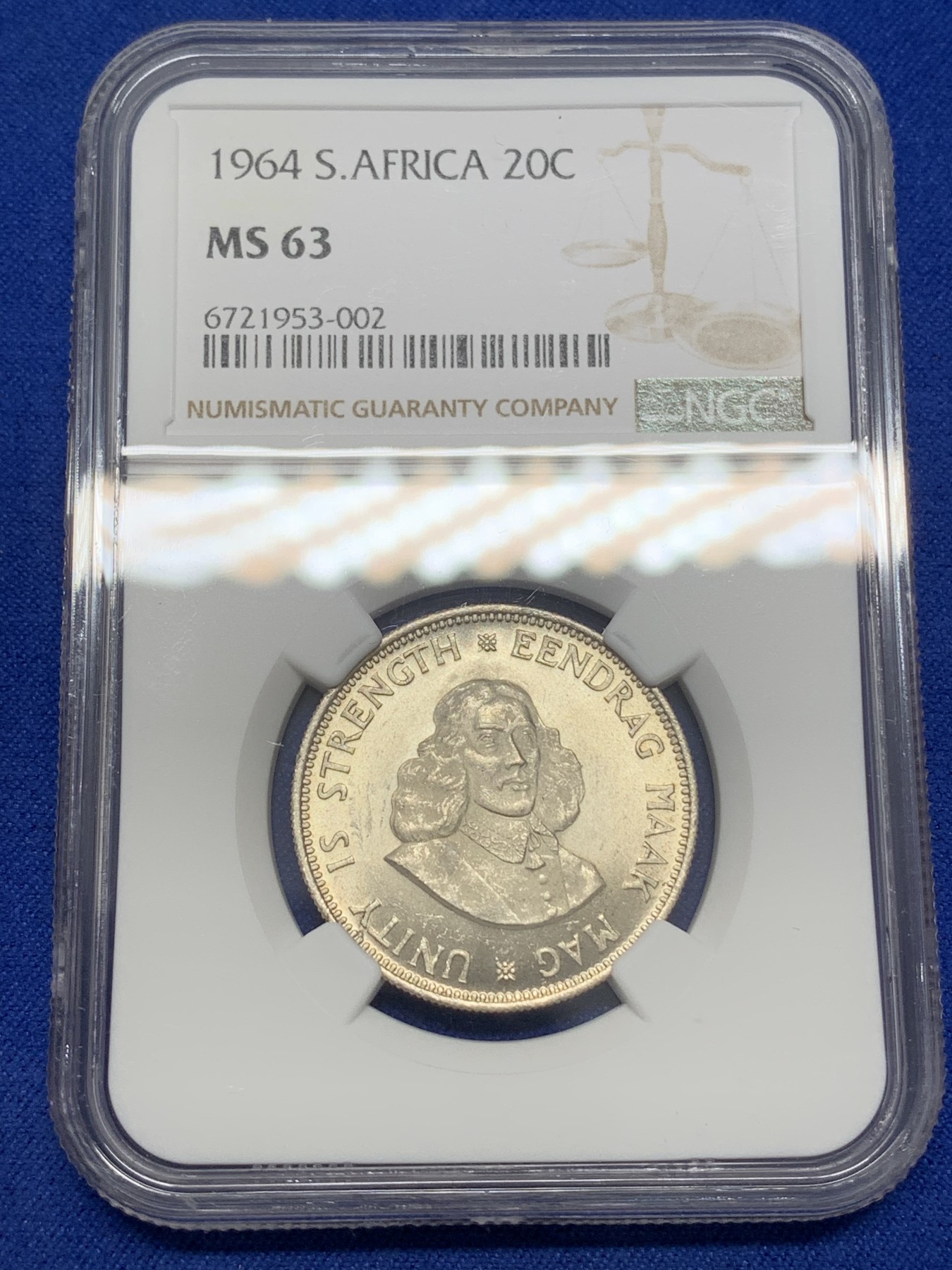 《竞宝斋》第215场-周日，周一 2场 (全场包邮) NGC MS63 南非1964年20分银币