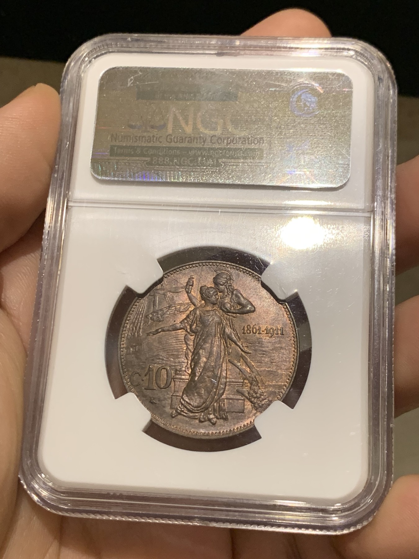 《竞宝斋》第215场-周日，周一 2场 (全场包邮) NGC MS65RB  1911年意大利王国建国50周年10C铜币，背面设计极具艺术感，收藏级亚军分！！！