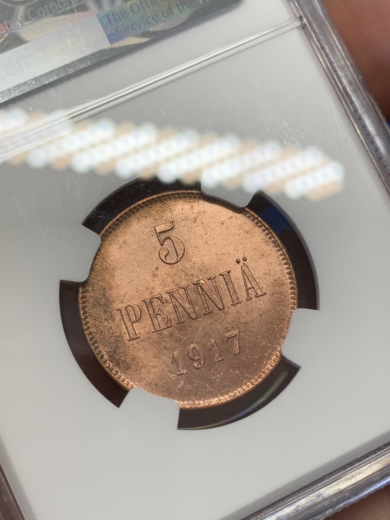 《竞宝斋》第215场-周日，周一 2场 (全场包邮) NGC MS63RD 俄占芬兰1917年克伦斯基临时政府5盆尼铜币，一百多年的老铜币，RD相当难得