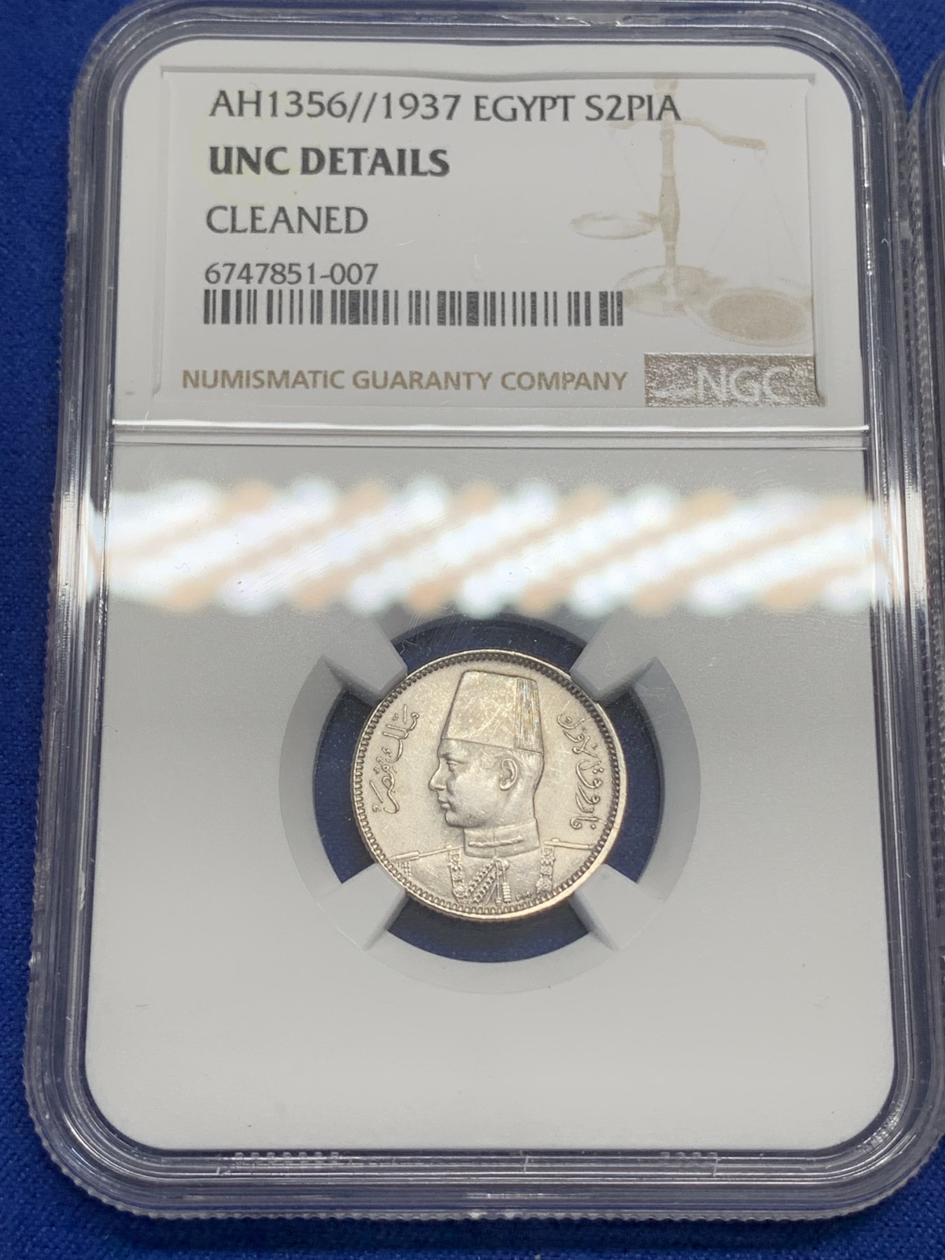 《竞宝斋》第215场-周日，周一 2场 (全场包邮) 两枚一组 NGC-UNC品质银币，埃及1937法鲁克一世2皮阿斯特银币+法国1919年1法郎播种女神银币