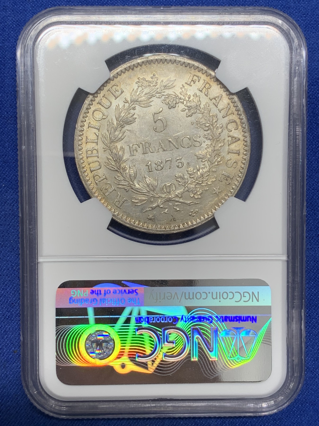 《竞宝斋》第215场-周日，周一 2场 (全场包邮) NGC-MS62 法国1873年大力神5法郎 包浆漂亮 常见品种好细节见图