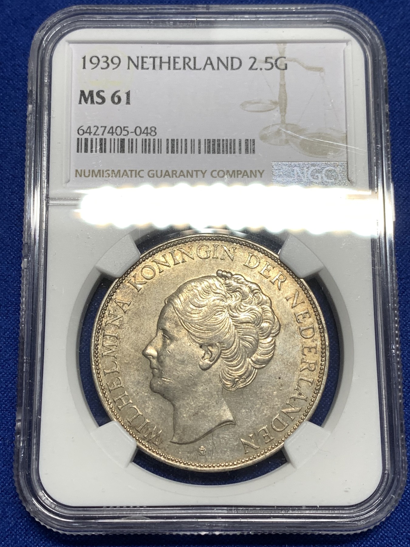 《竞宝斋》第215场-周日，周一 2场 (全场包邮) NGC MS61 荷兰1939年女王威廉米娜2.5盾大银币