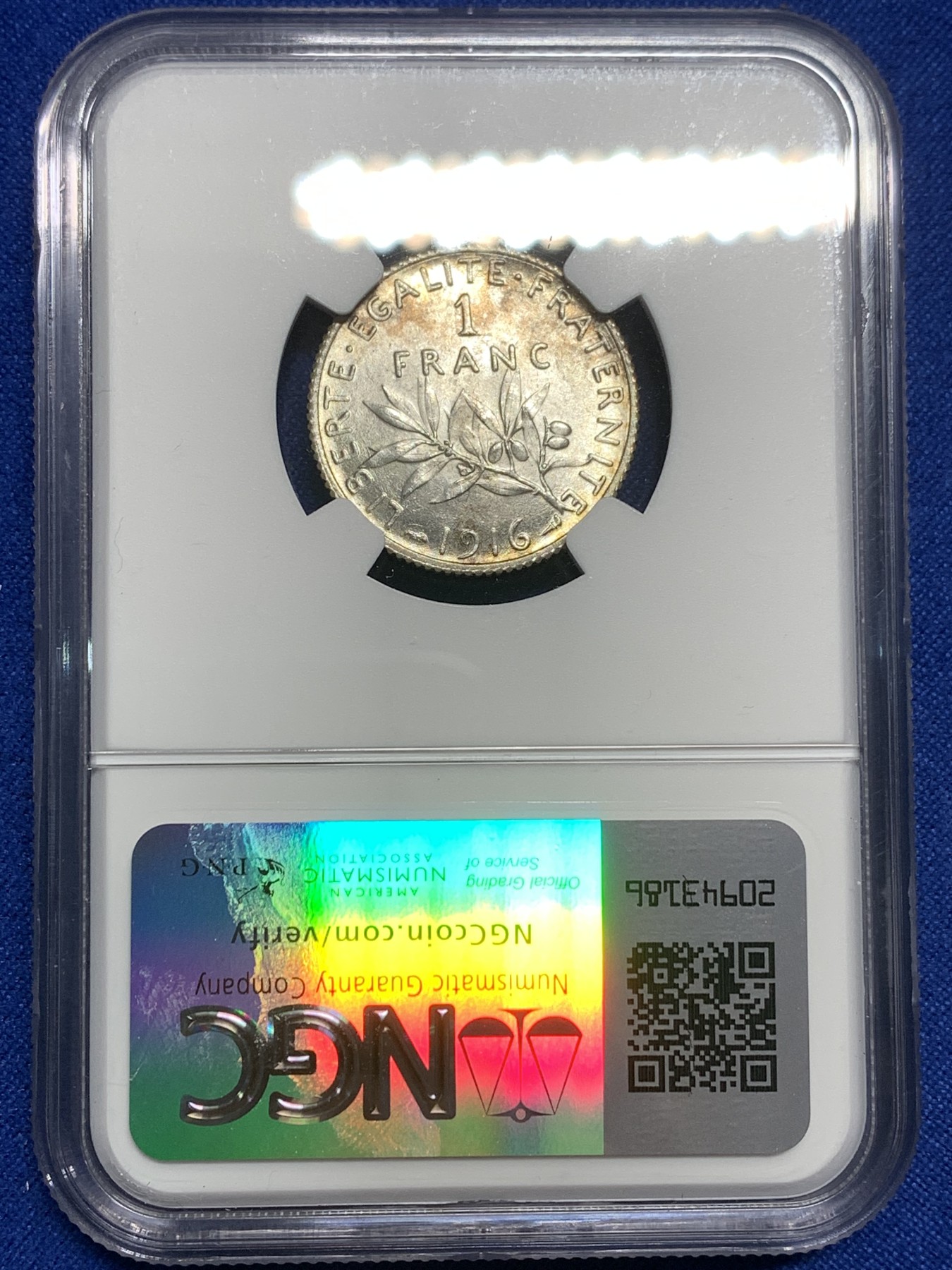 《竞宝斋》第215场-周日，周一 2场 (全场包邮) NGC MS63 法国1916年播种女神1法郎银币