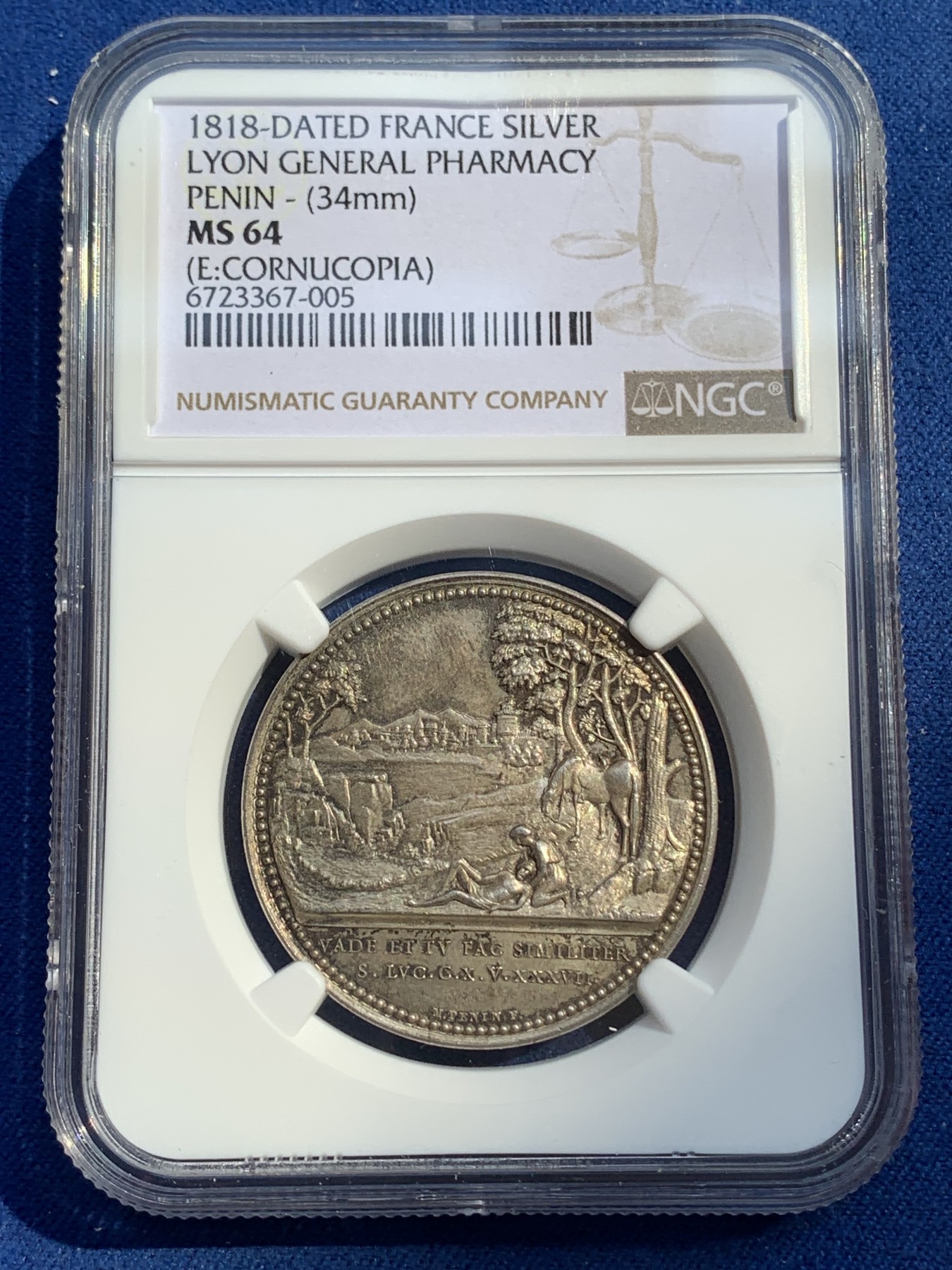 《竞宝斋》第215场-周日，周一 2场 (全场包邮) NGC MS64 1818年 法国 里昂大药房 圆形 银质代币 细节精细