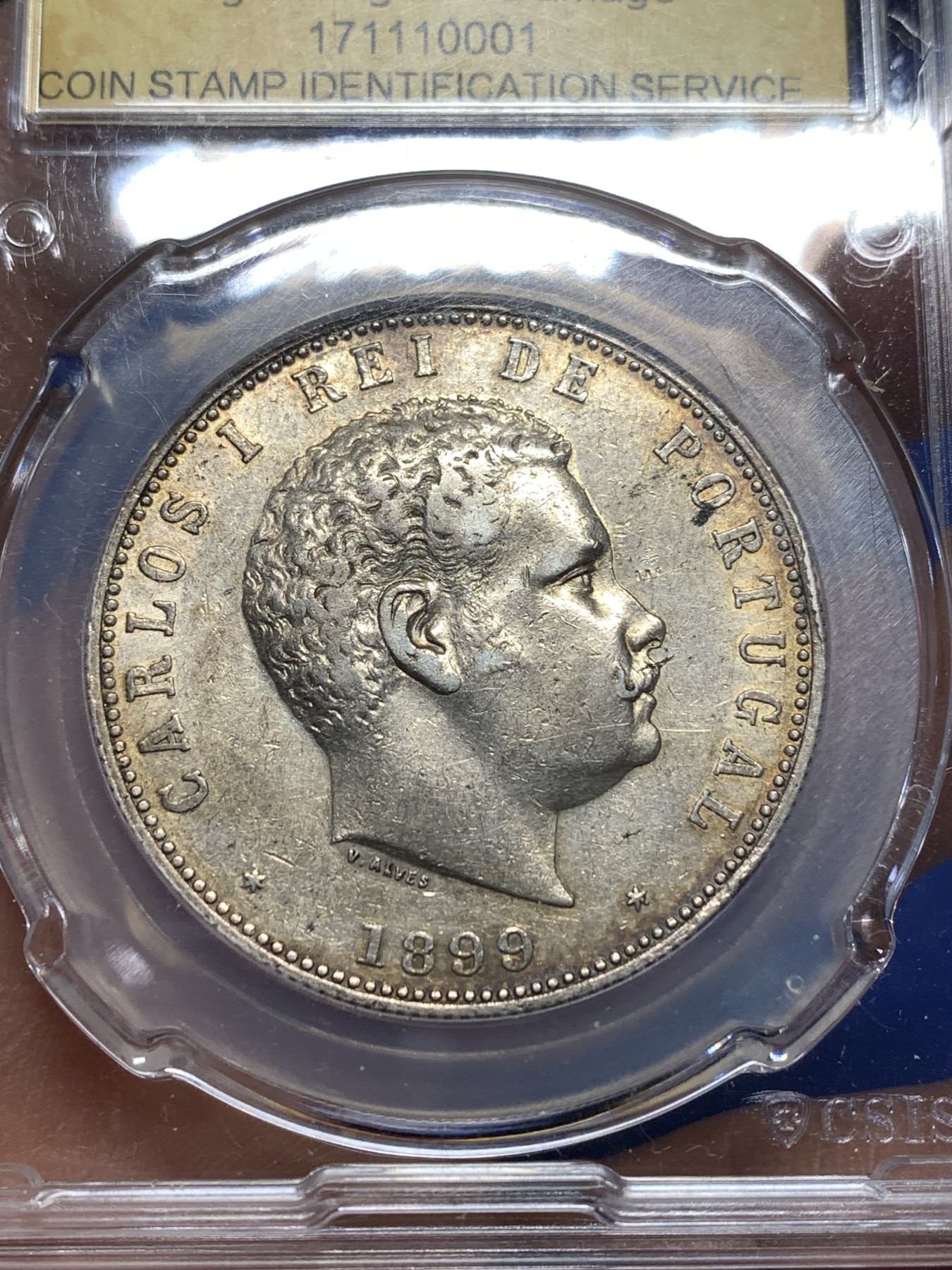 《竞宝斋》第215场-周日，周一 2场 (全场包邮) CSIS国评 AU53 葡萄牙皇帝卡洛斯一世1000瑞斯大银币!非常漂亮的大窗帘+盾标!五彩包浆。