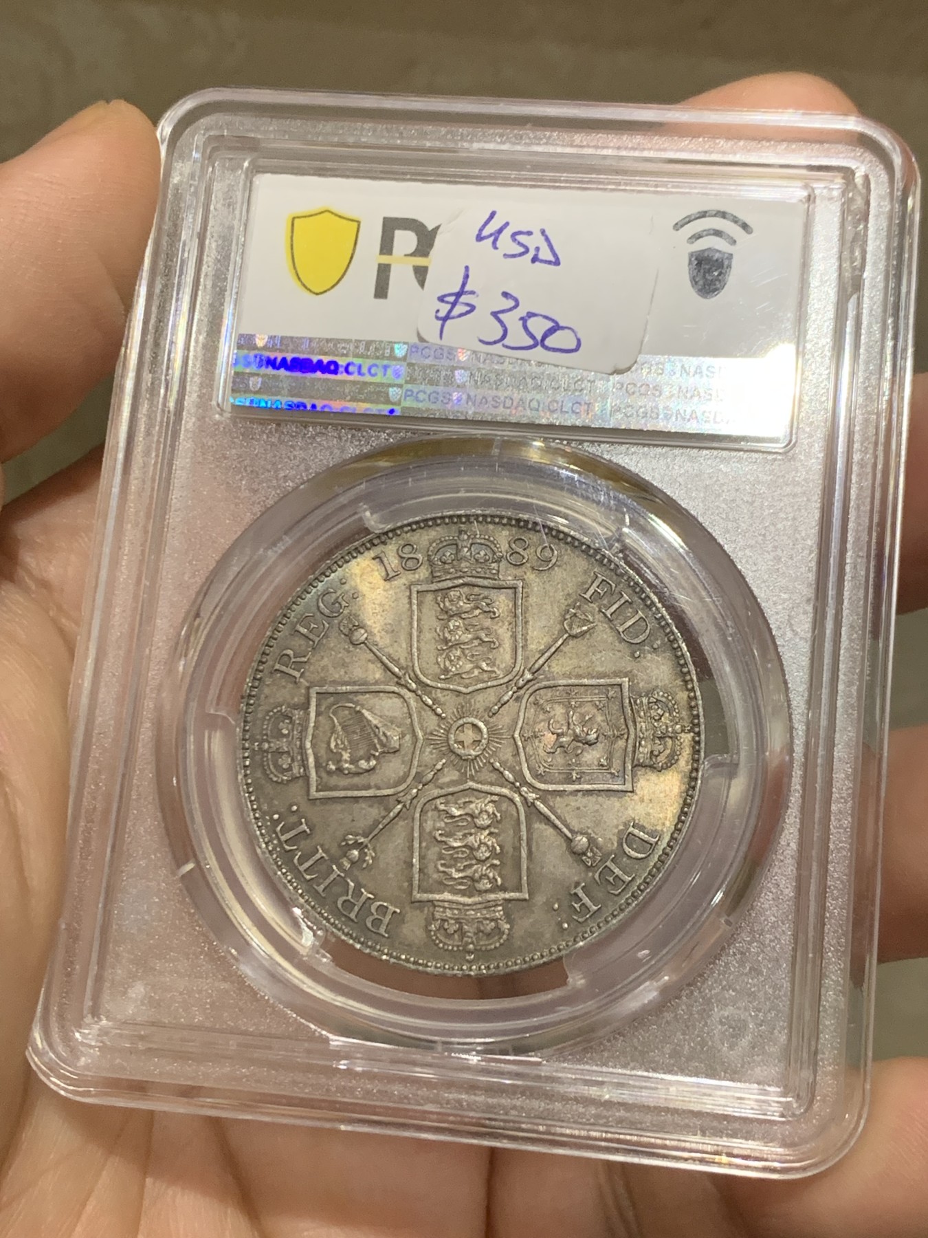 《竞宝斋》第215场-周日，周一 2场 (全场包邮) PCGS MS63 英国 维多利亚 1889年 双弗洛林 少见年份 五彩