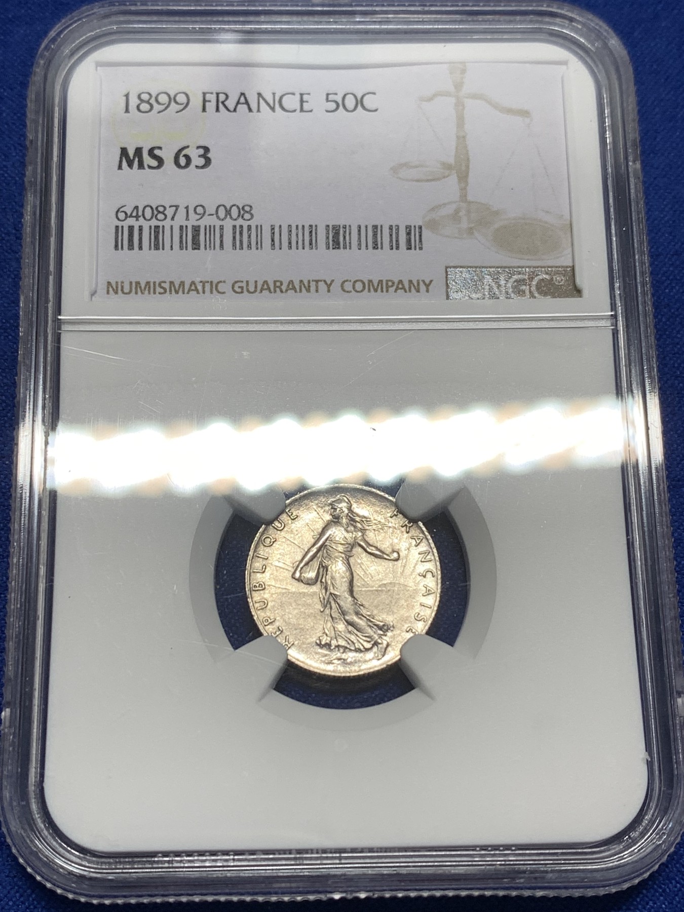 《竞宝斋》第215场-周日，周一 2场 (全场包邮) NGC-MS63 1899年法国行走女神50分银辅币，早期年份，银光充沛，63收藏级品相。此版19世纪早期年份稀见，更高分仅有3枚