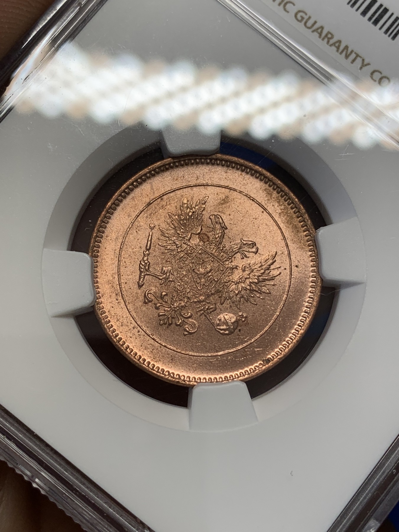 《竞宝斋》第215场-周日，周一 2场 (全场包邮) NGC MS63RD 俄占芬兰1917年克伦斯基临时政府5盆尼铜币，一百多年的老铜币，RD相当难得