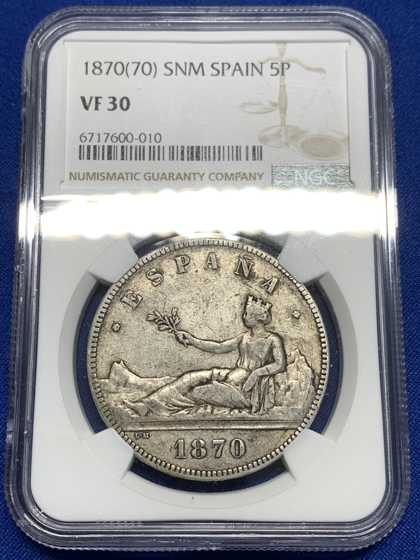 《竞宝斋》第215场-周日，周一 2场 (全场包邮) NGC VF30 西班牙1870年拿花5比塞塔大银币