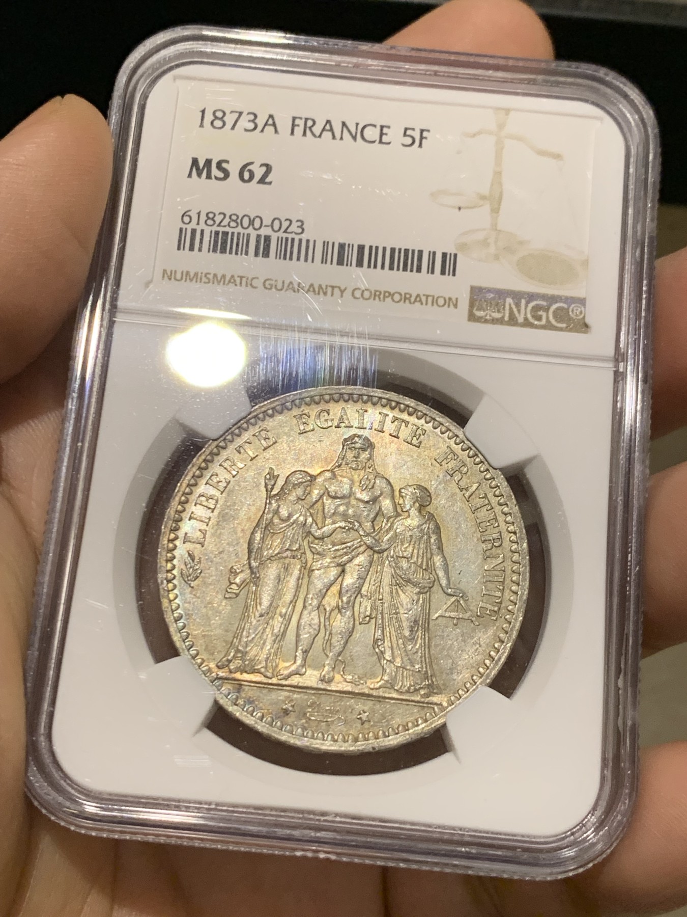 《竞宝斋》第215场-周日，周一 2场 (全场包邮) NGC-MS62 法国1873年大力神5法郎 包浆漂亮 常见品种好细节见图