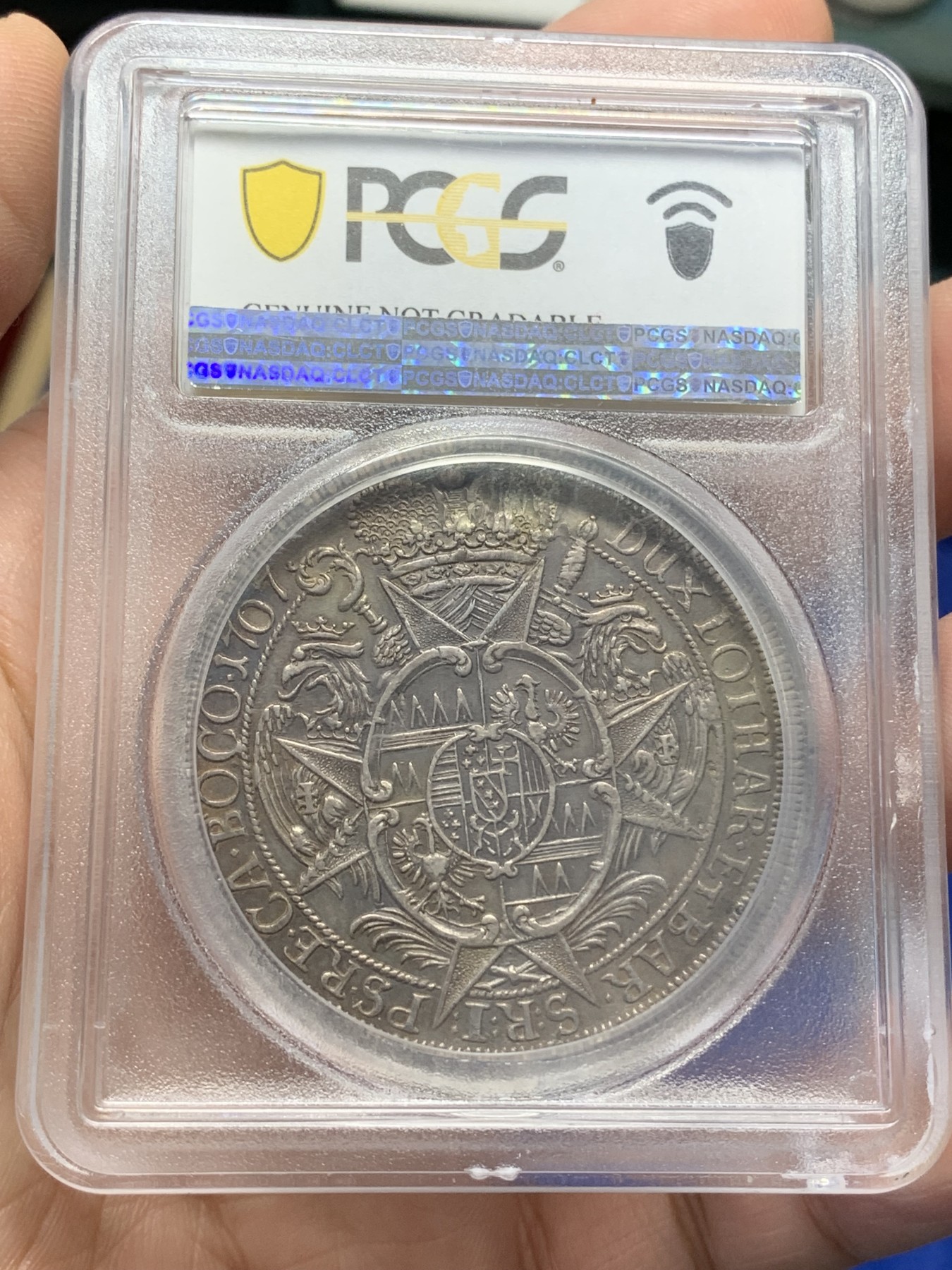 《竞宝斋》第215场-周日，周一 2场 (全场包邮) PCGS AUD 哈布斯堡1707年约瑟夫一世泰勒，德国州币奥尔姆兹教皇区，1泰勒大银币。很少见银币。喜欢哈布斯堡历史的朋友必选！细节见图