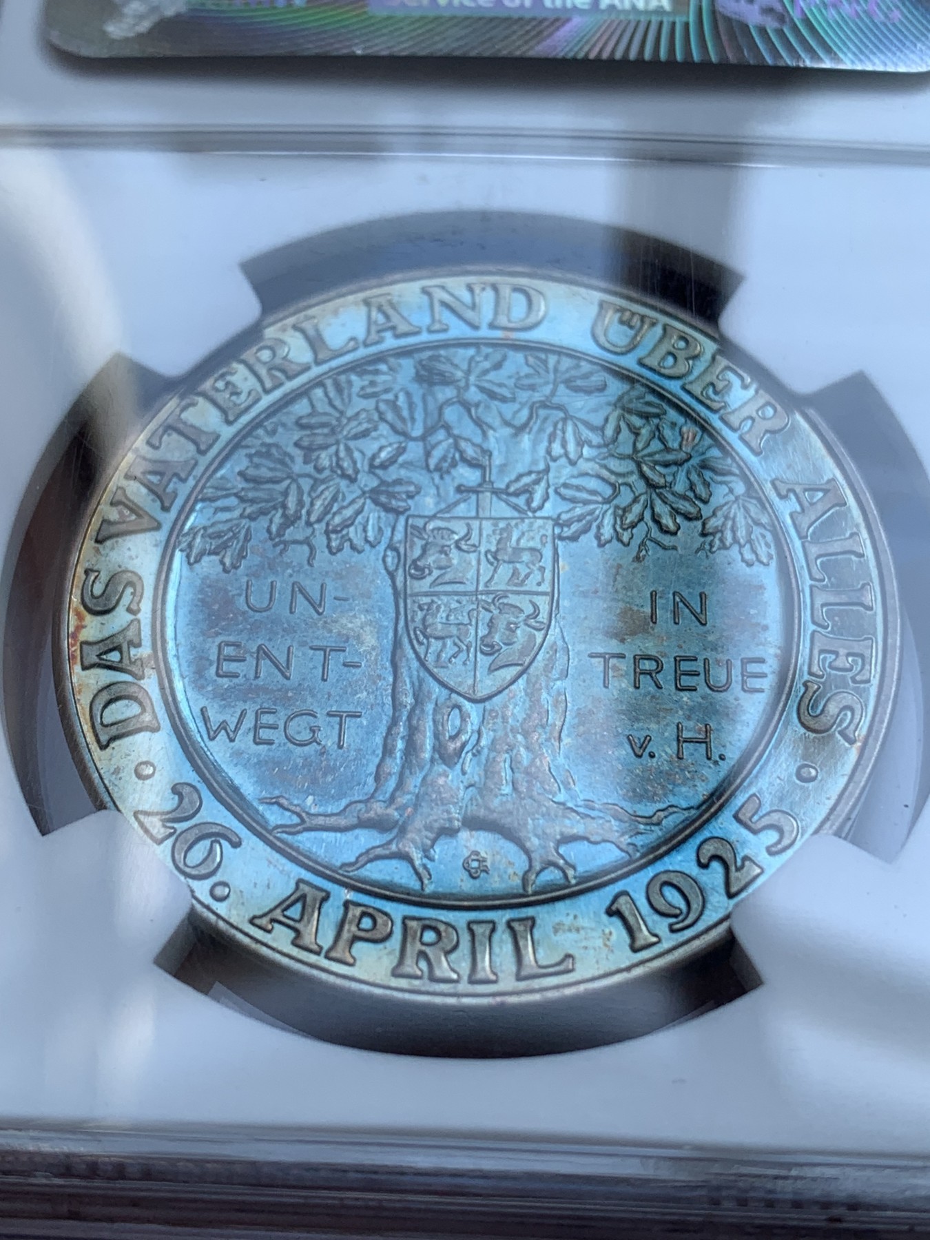 《竞宝斋》第215场-周日，周一 2场 (全场包邮) NGC MS66 1930年德国兴登堡橡树银章 五彩包浆 品相完美