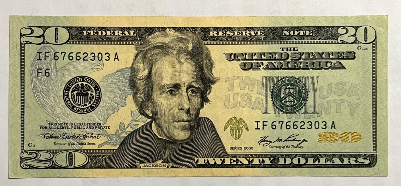 Chase Auction 第26期 - - 外钞、民国钞和人民币混合场！（临时有事，改到22号） 2006版 20美元 彩色版 号码无4 首都Washington老印钞厂印刷